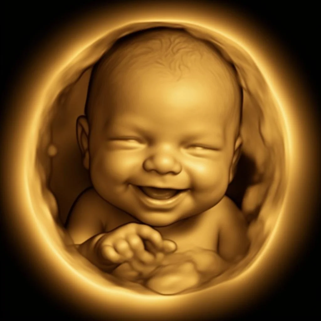 A 3D ultrasound image of a smiling baby surrounded by a glowing yellowish halo.