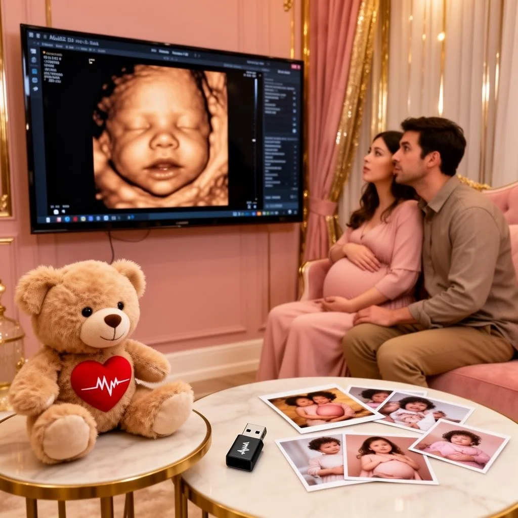 Pregnant woman and man watching 3D ultrasound of their baby on a large TV screen in a pink and gold decorated room. A teddy bear with a heart and an EKG on it, and several printed baby photos are on the table in front.