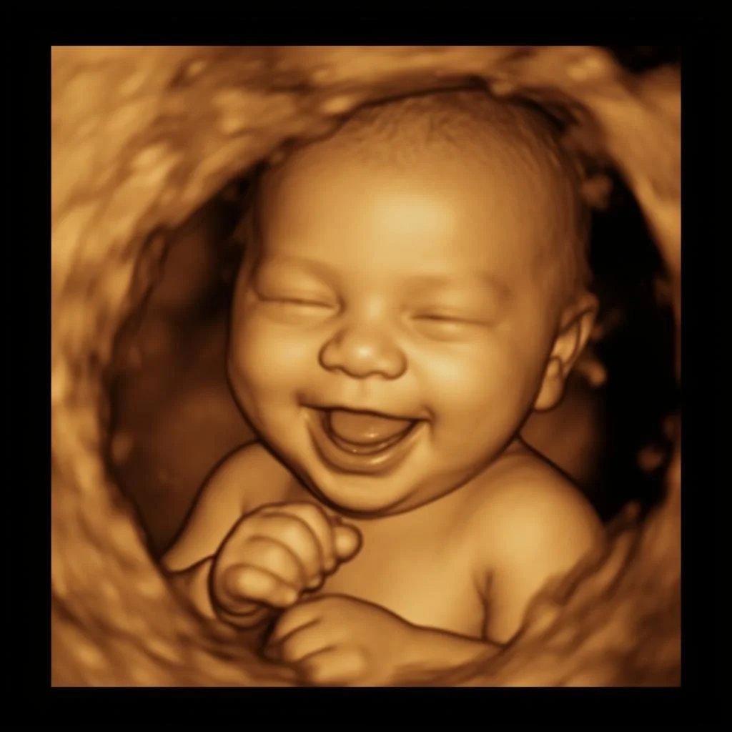 Foetal ultrasound image of a smiling baby with closed eyes, inside the womb.