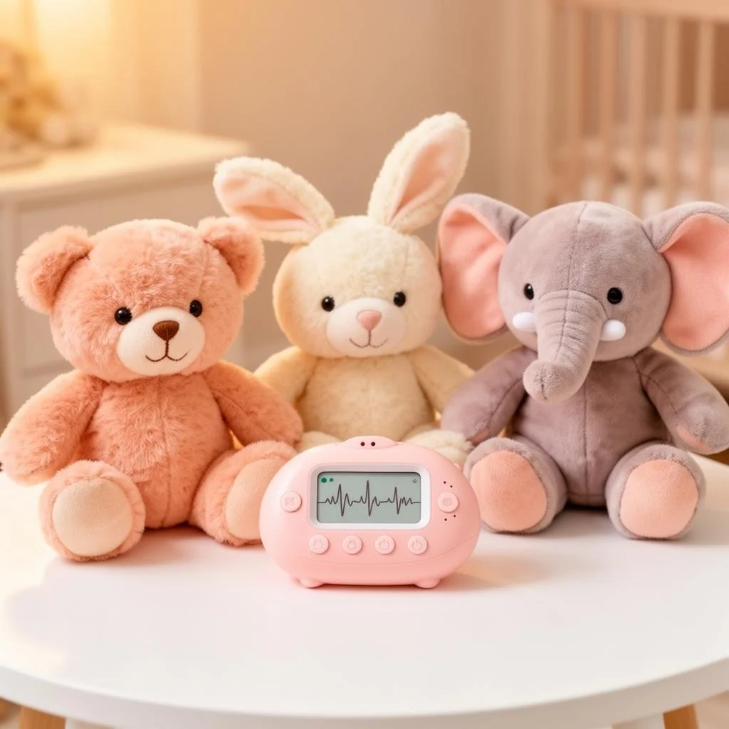 Three plush stuffed animals—a teddy bear, a bunny, and an elephant—sit on a white table in front of a pink electronic device with a waveform display.