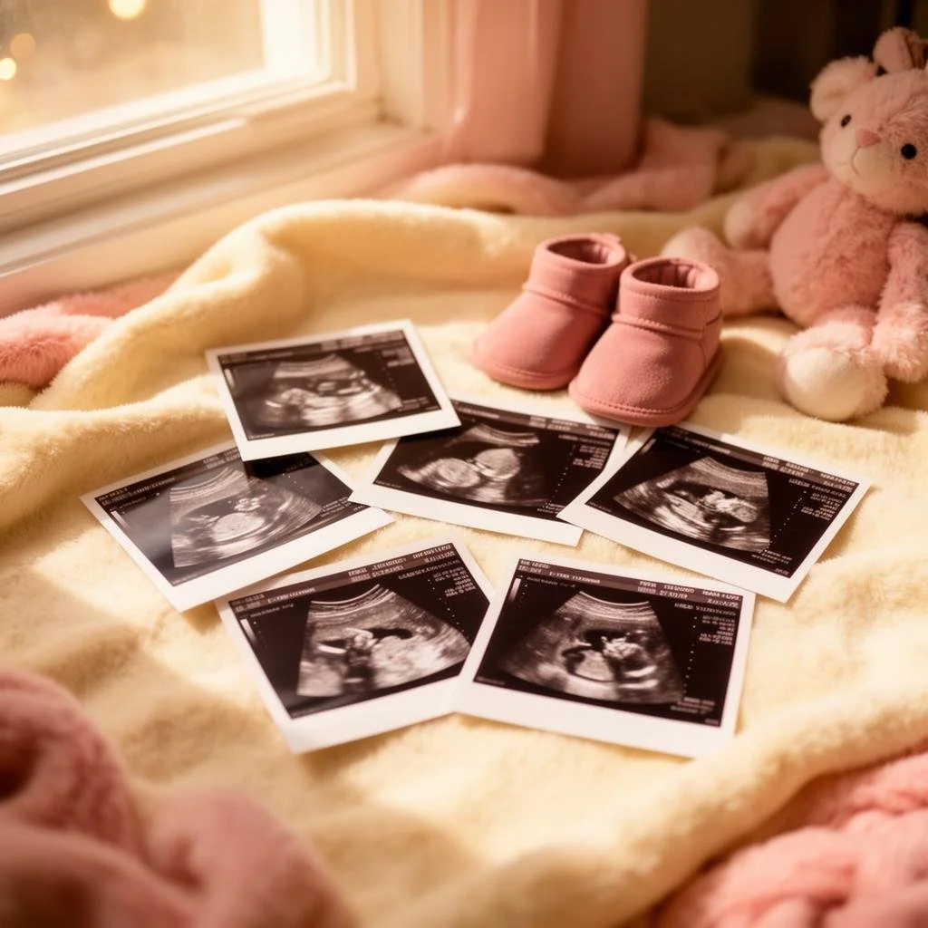 Multiple ultrasound images, a pair of pink baby shoes, and pink plush teddy bears on a soft blanket near a window.