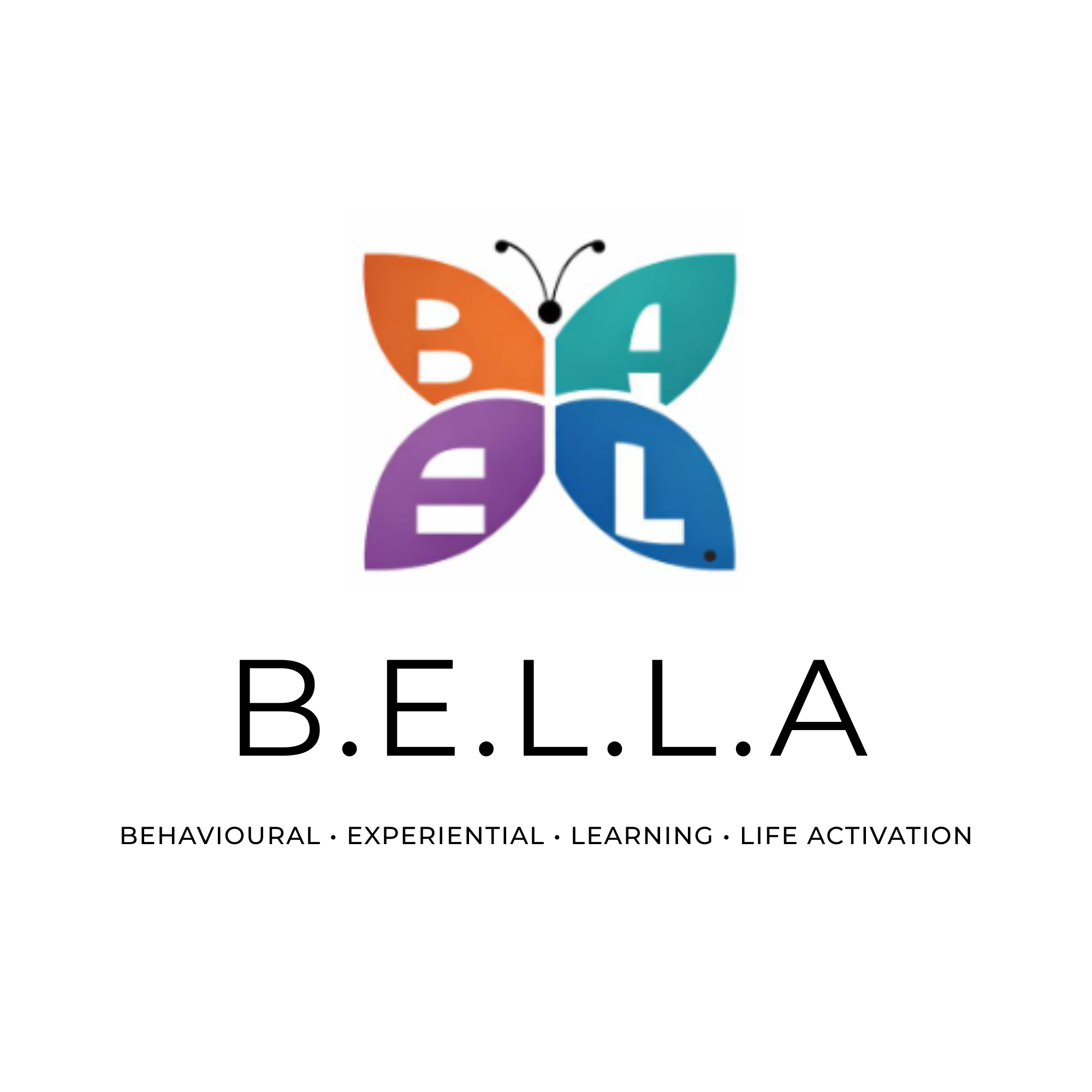 Colorful butterfly logo with the letters B, E, L, L, A in the wings. Below, the text reads 'B.E.L.L.A' and 'Behavioral, Experiential, Learning, Life Activation'.