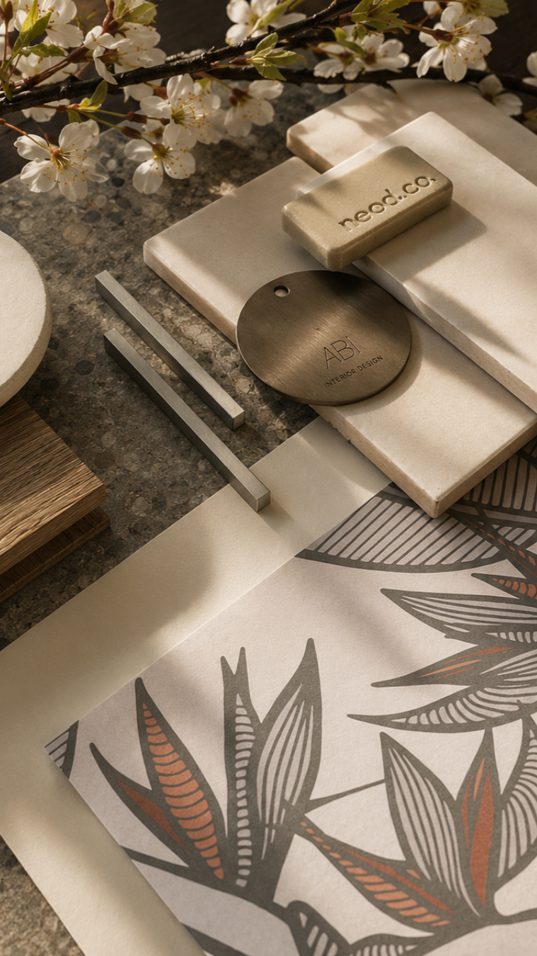 Art Deco material and finishes palette for a Randwick apartment renovation by Emma Stergoulis Design.