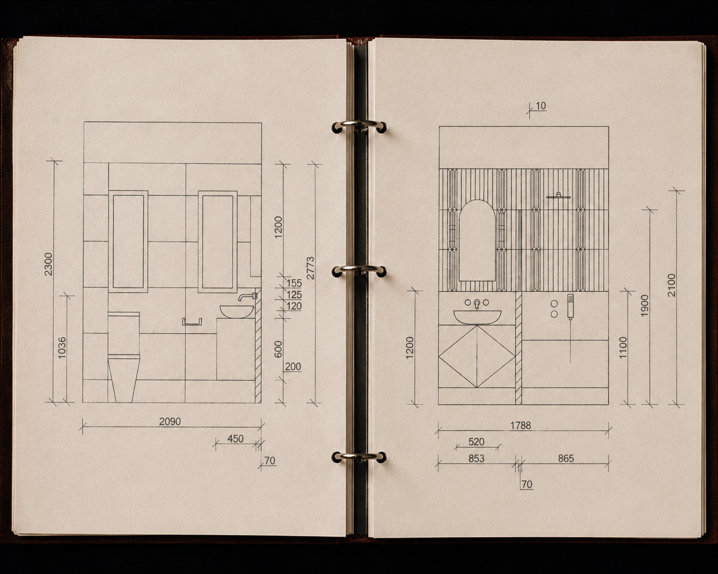 Interior design drawings showing bathroom planning, spatial dimensions and bespoke joinery details for a Sydney renovation.