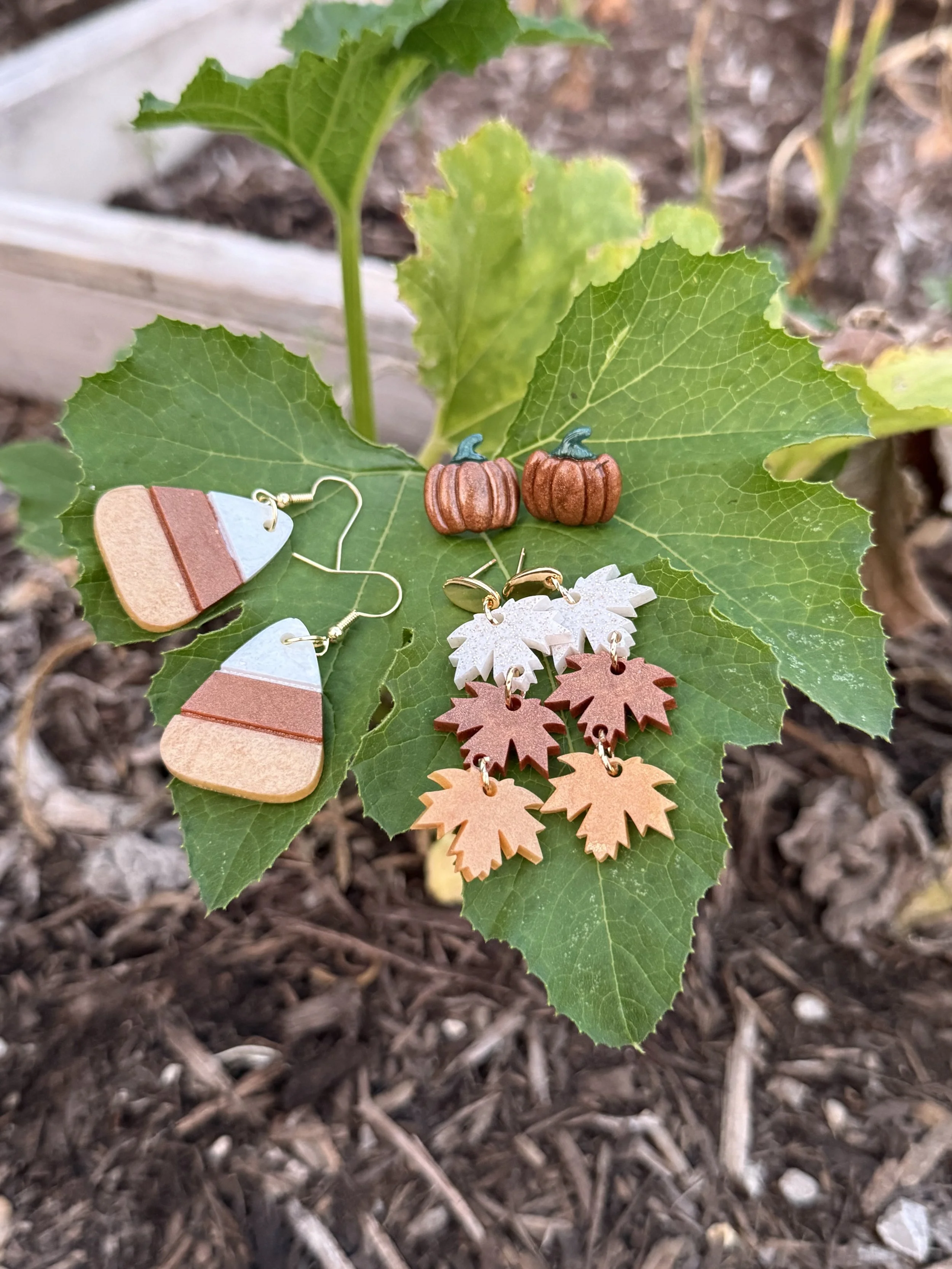 Colorful earrings shaped like pumpkins and leaves resting on a green holly leaf plant, with soil in the background.