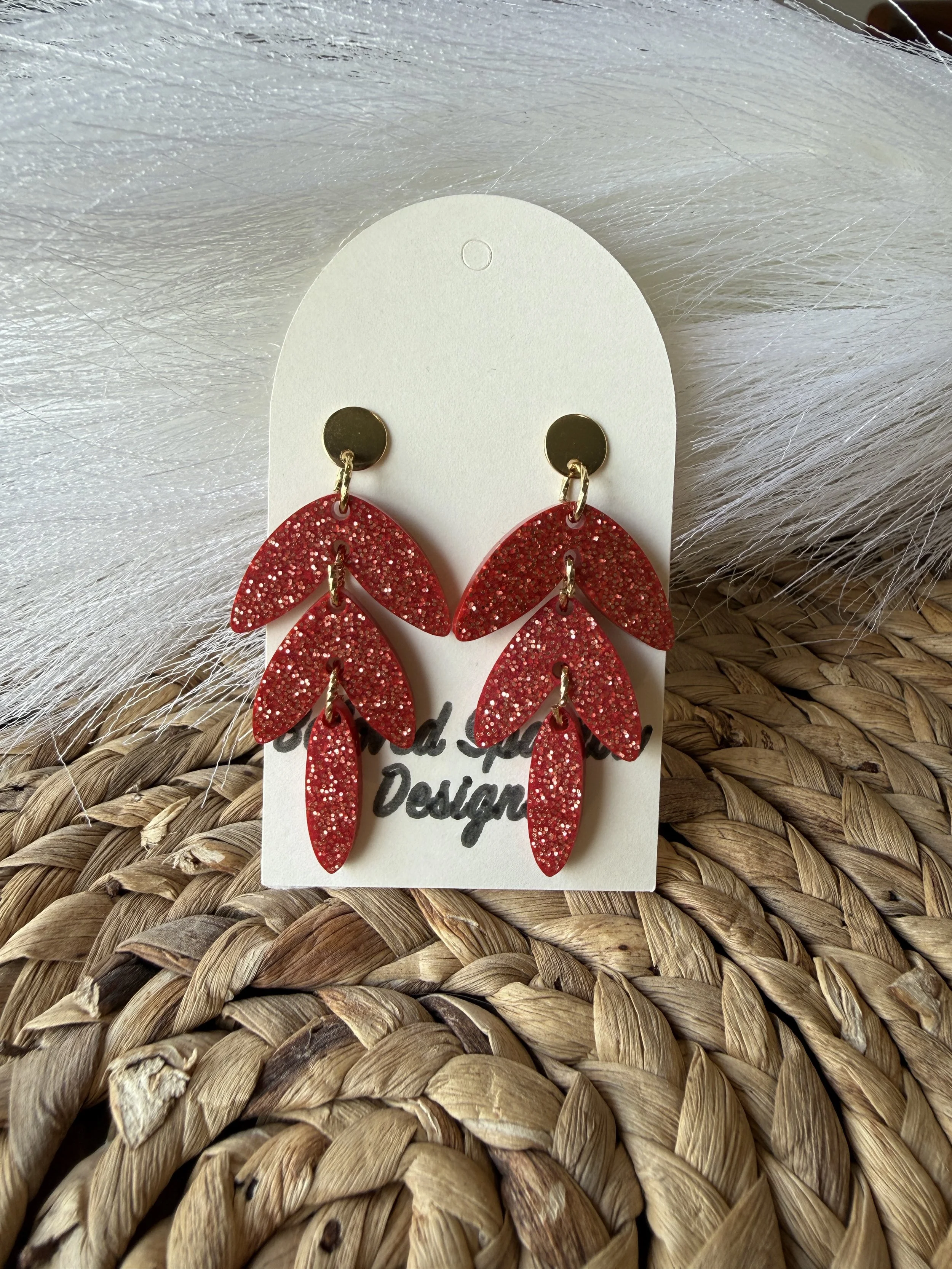Boho Leaf Red Glitter Dangle