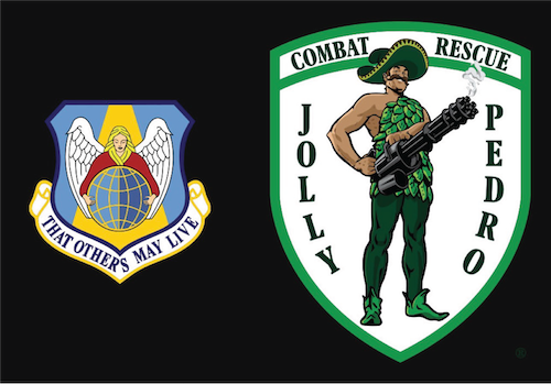 Two military or rescue unit patches, one with an angel holding a globe and the motto "That Others May Live," the other with a soldier in camouflage and a large firearm, with text "Combat Rescue" and "Jolly Pedro."