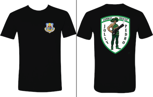 Black T-shirt with a colorful emblem on the front and a large green shield with a soldier and the words 'Jolly Pedro' and 'Combat Rescue' on the back.