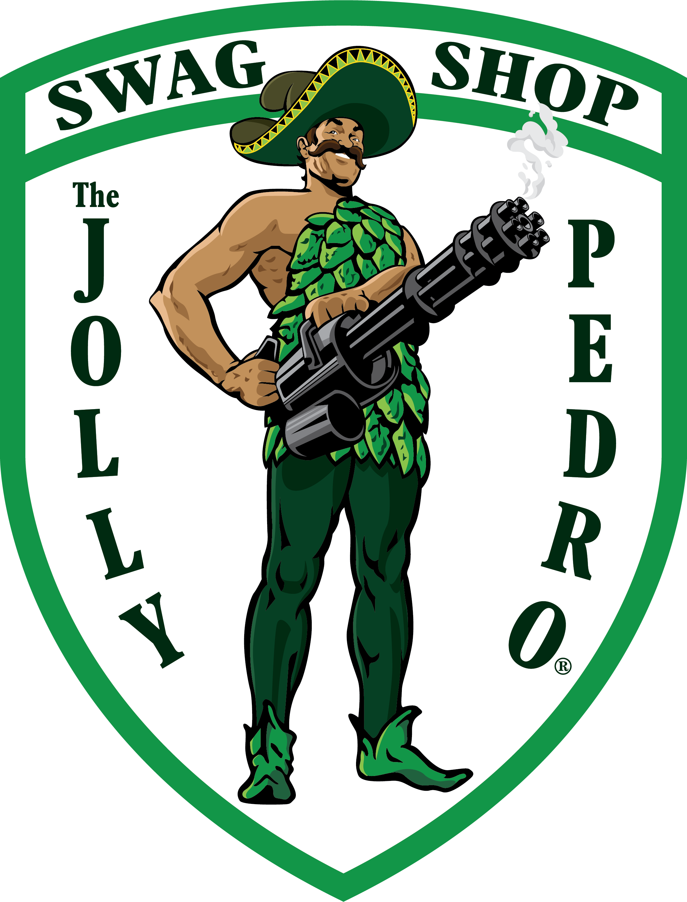 A cartoon character resembling a macho man dressed as a cowboy with a large green sombrero, green leafy costume, holding a large gun, and standing in front of a circular emblem that reads 'Swag Shop' at the top and 'The Job' on each side.