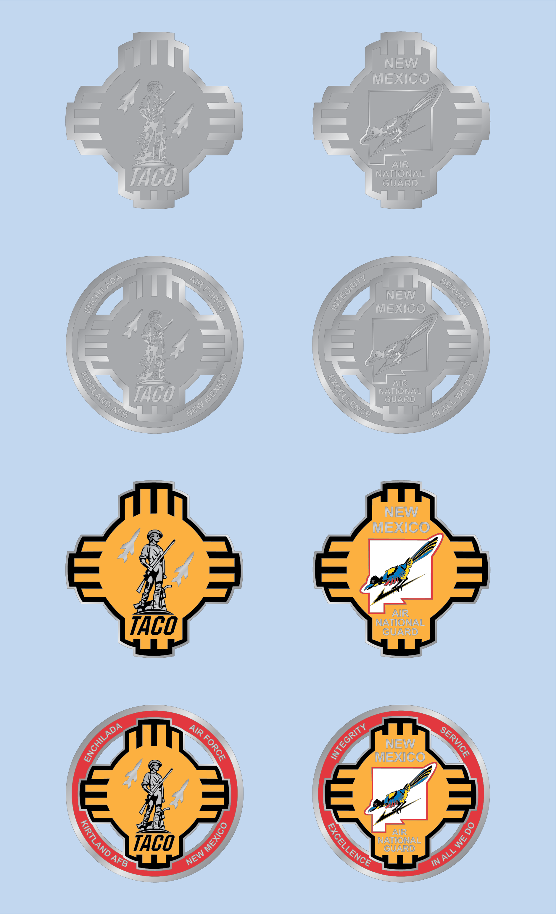 A collection of nine badges and pins related to the New Mexico Air National Guard and the TACO unit, with designs including a soldier, missiles, and the New Mexico state outline, in various metallic and colorful styles.