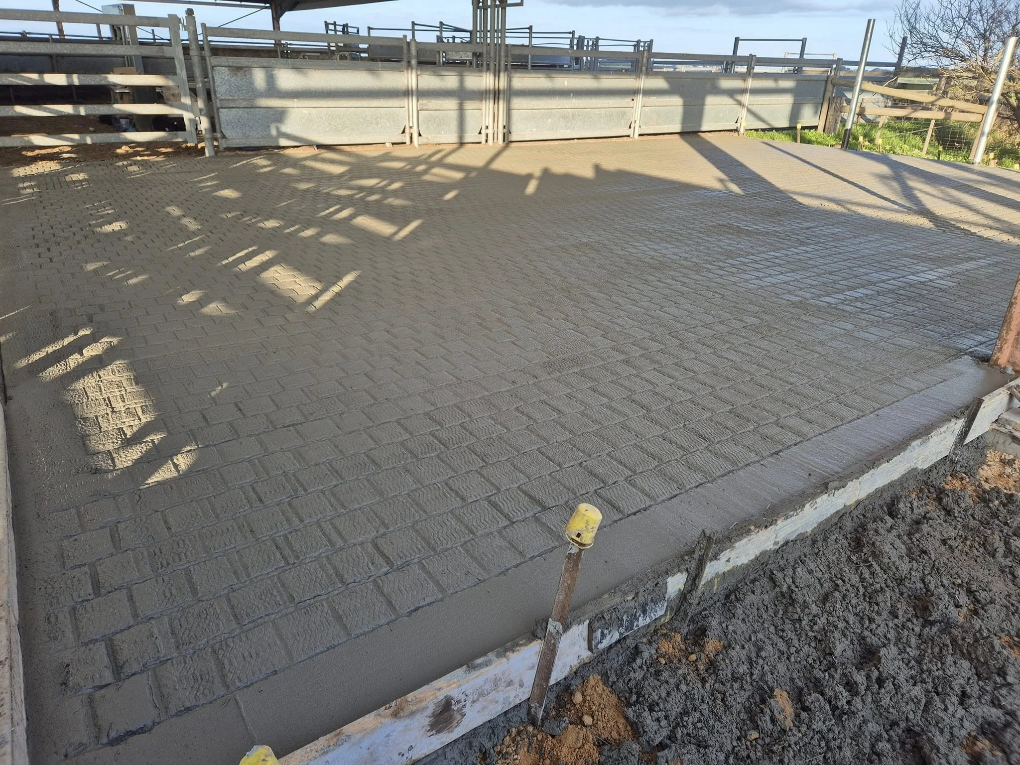 A freshly poured concrete slab with textured bricks pattern, surrounded by construction barriers and steel railings, with shadows cast by nearby structures.