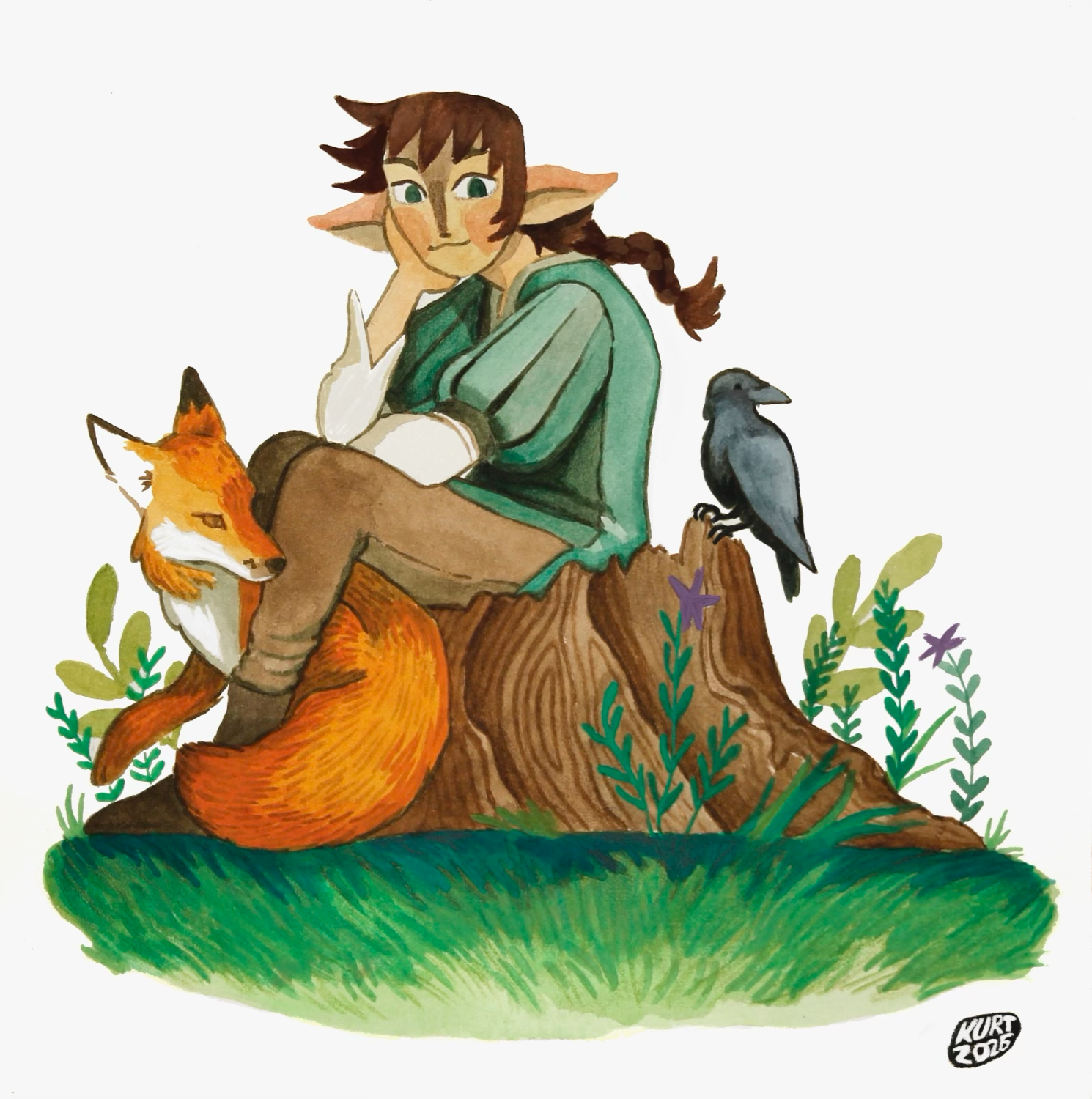 An elf boy and his fox and raven friends