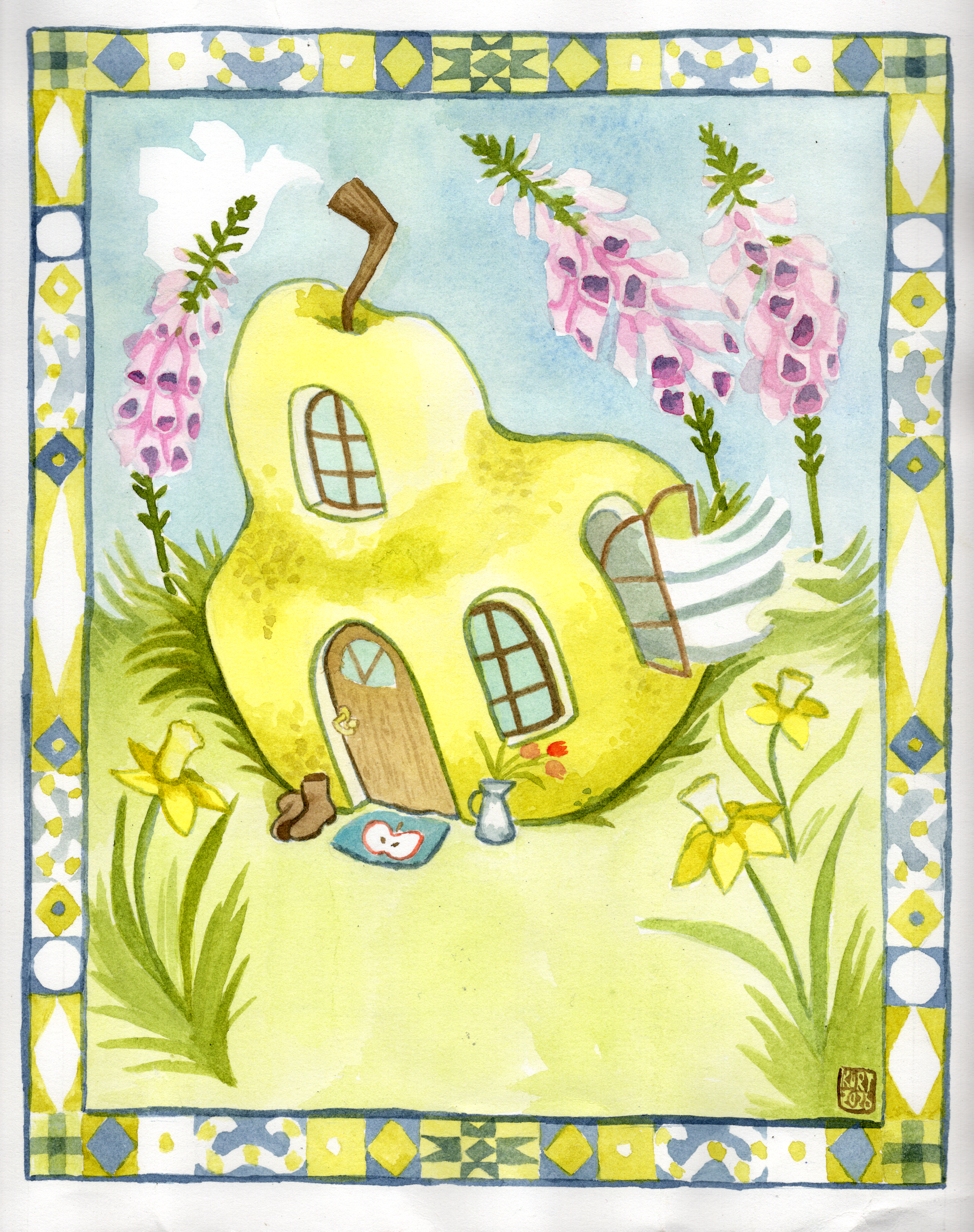 A watercolour piece with a pear home and fox glove flowere and daffodils behind. with a quilt like border.