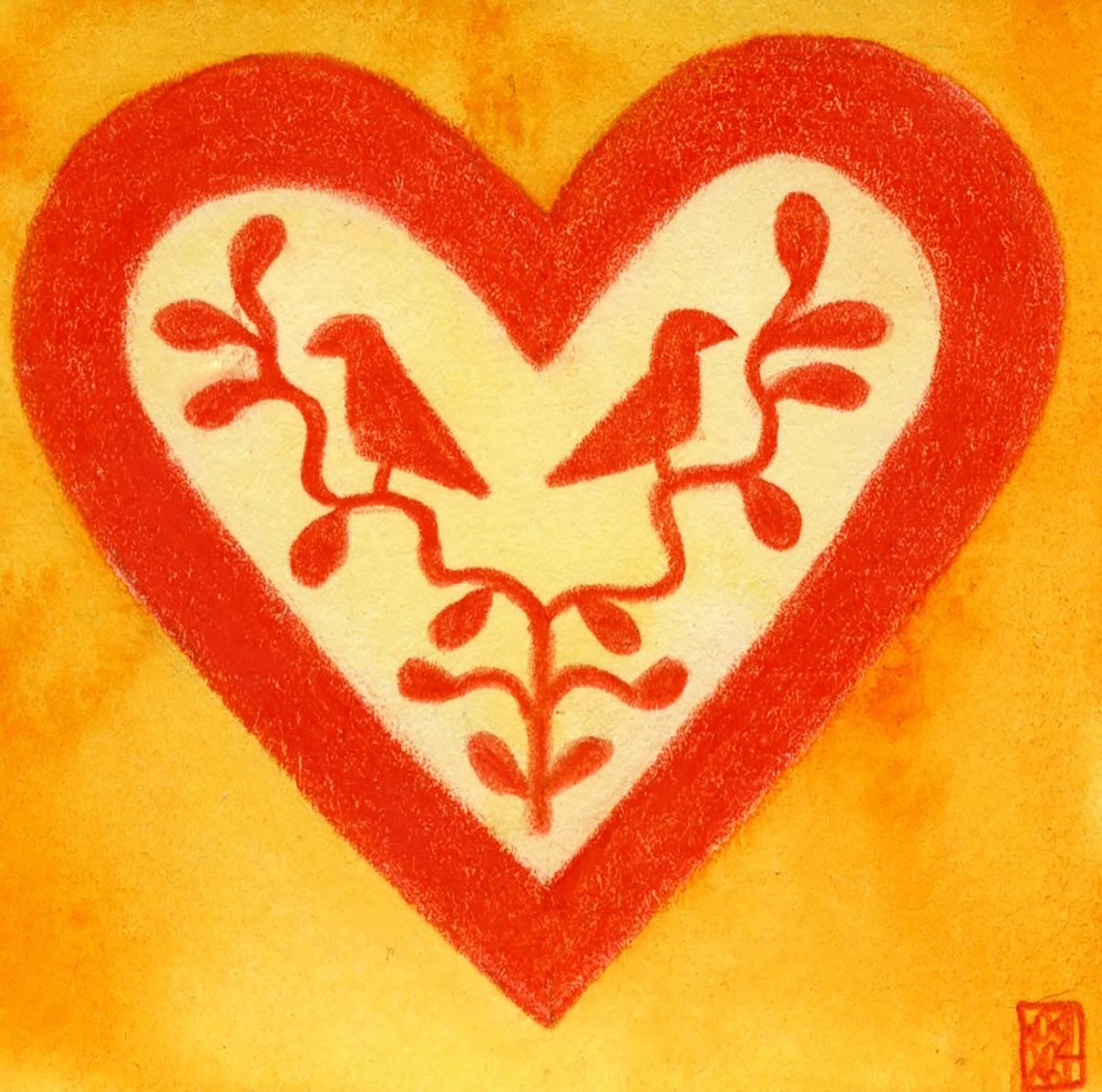 Folk heart design red heart with pattern birds on branches and yellow background