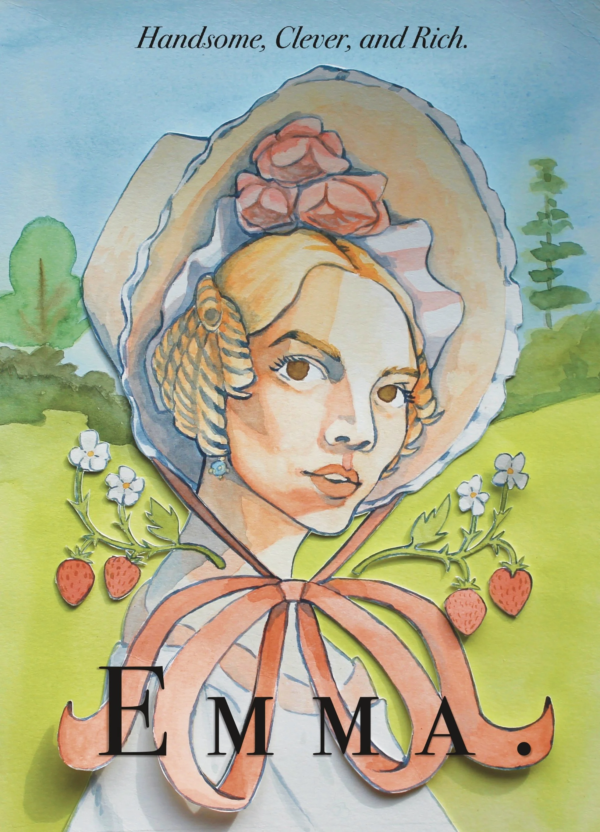 Emma. 2020 poster and book cover. Made in 2026 with watercolour on Stonehenge paper.