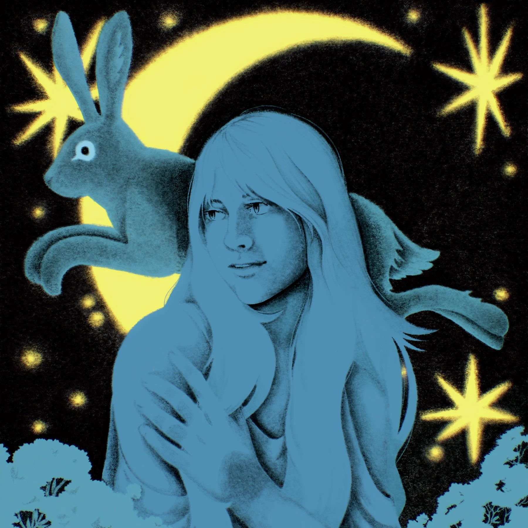 Kate Bollinger Piece for pretend op-ed. rabbit, moon, stars and kate bollinger in the middle.