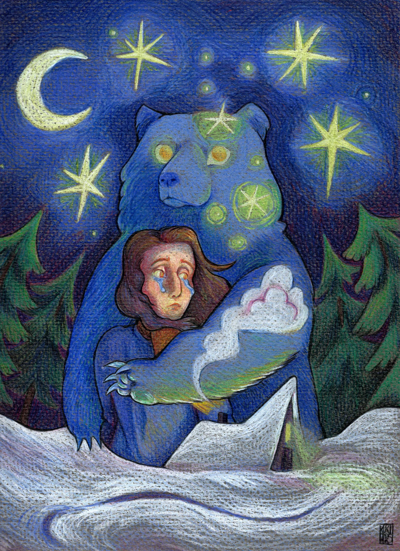 Pencil Crayon on toned paper finding home 2024