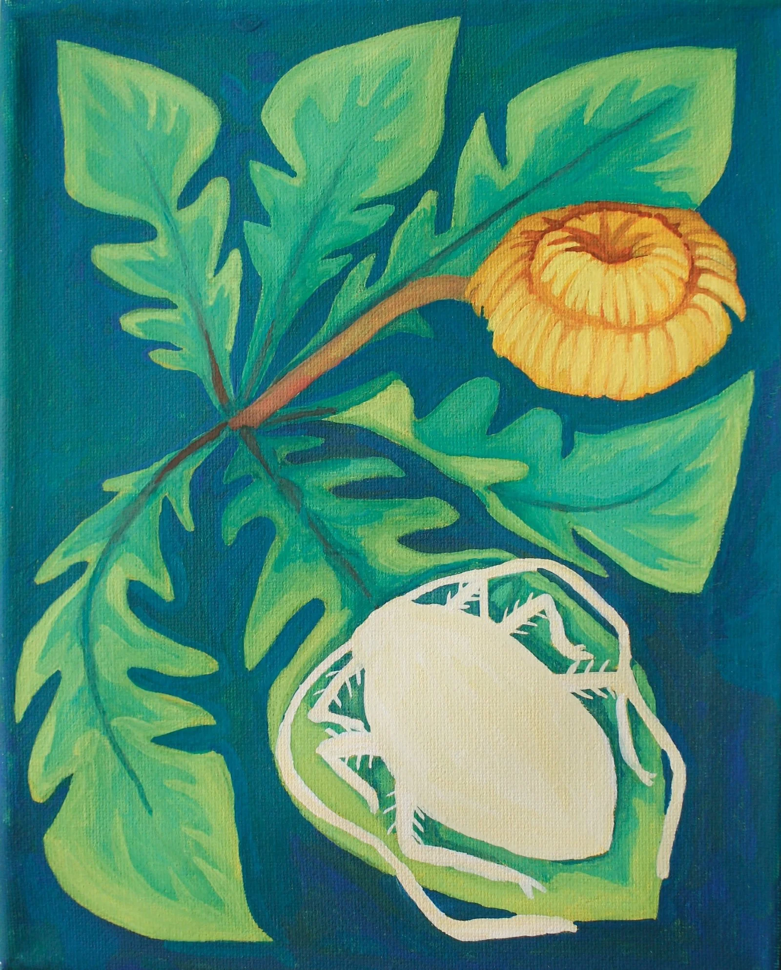 Gouache painting of a dandelion with awhited out roach
