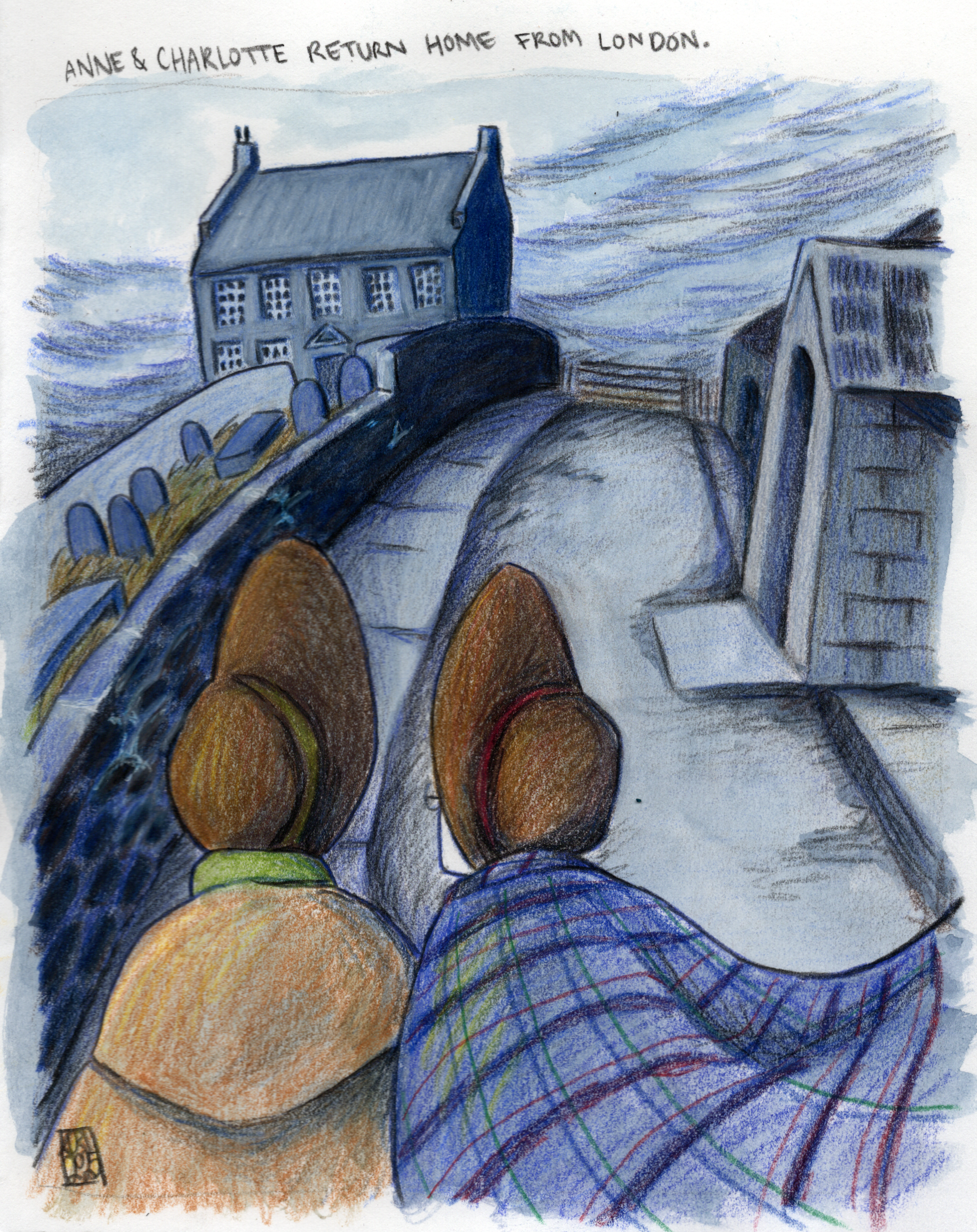 Two of the bronte sisters walk towards their home. Above it reads Anne and Charlotte return home from London
