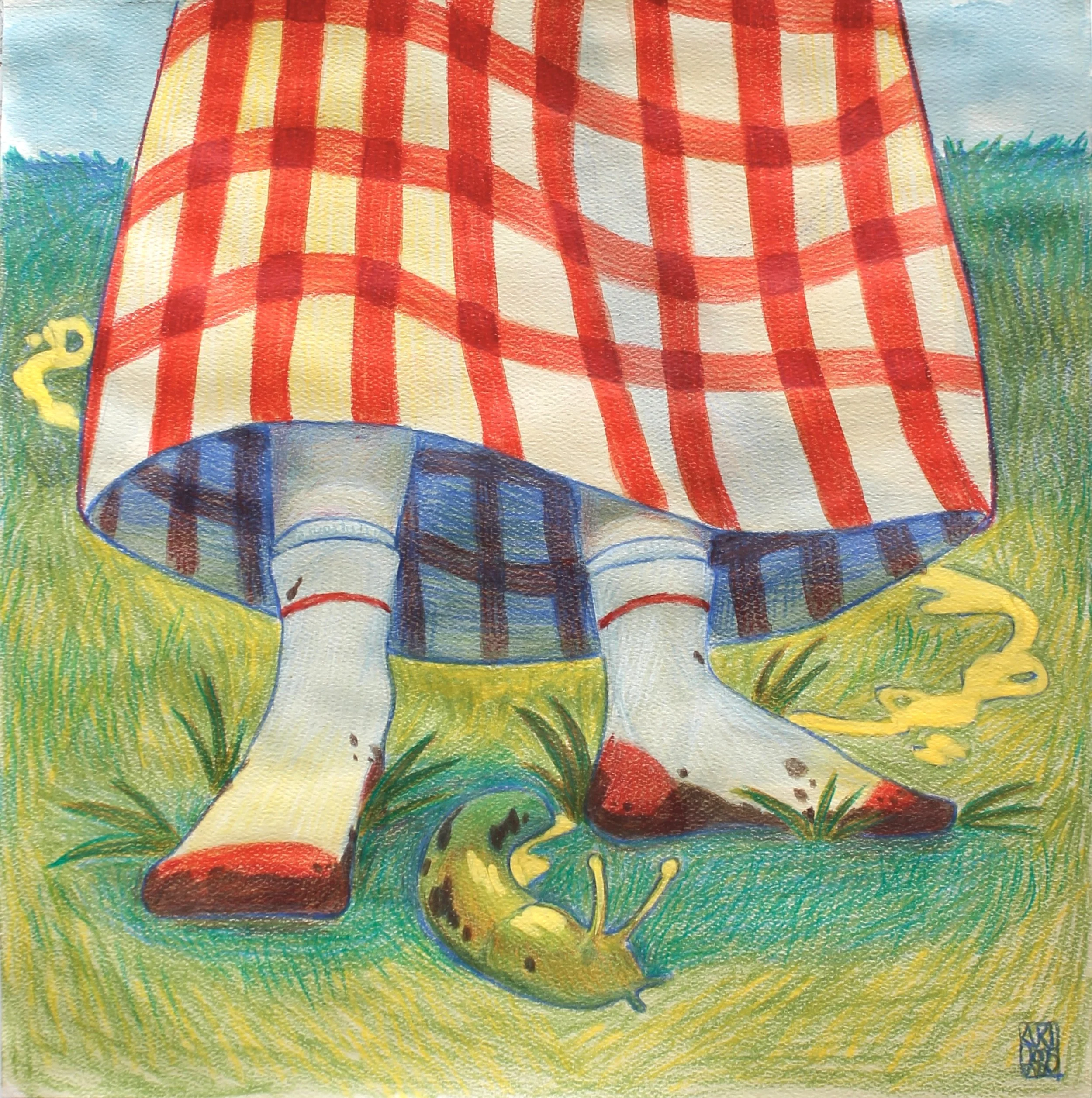 Girl in a gingem red skirt with white and red dirty socks and a slug trail with a slug in between the girls feet.