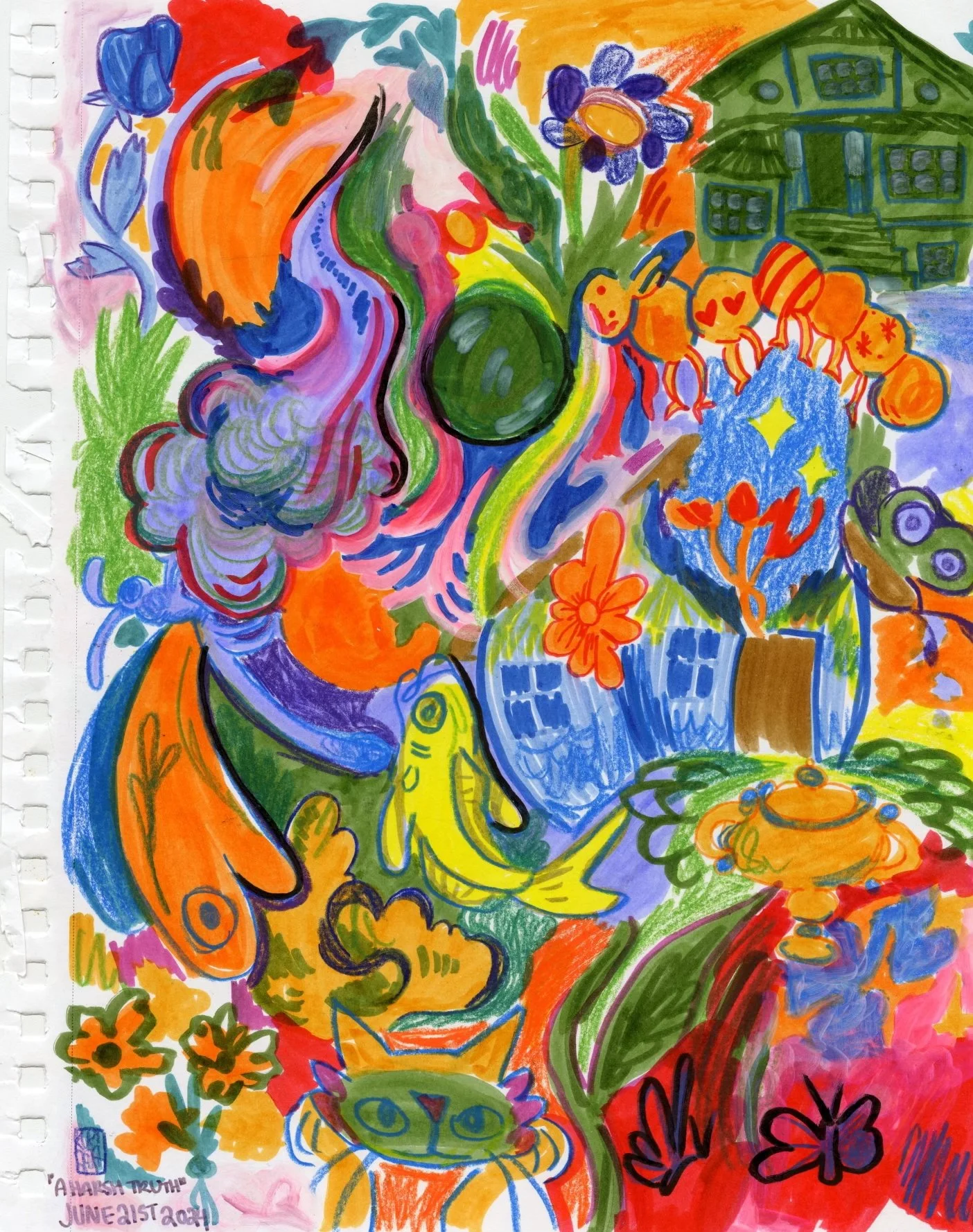 a harsh truth. marker, vibrant colours, pencil crayon, watercolour, whimsical.