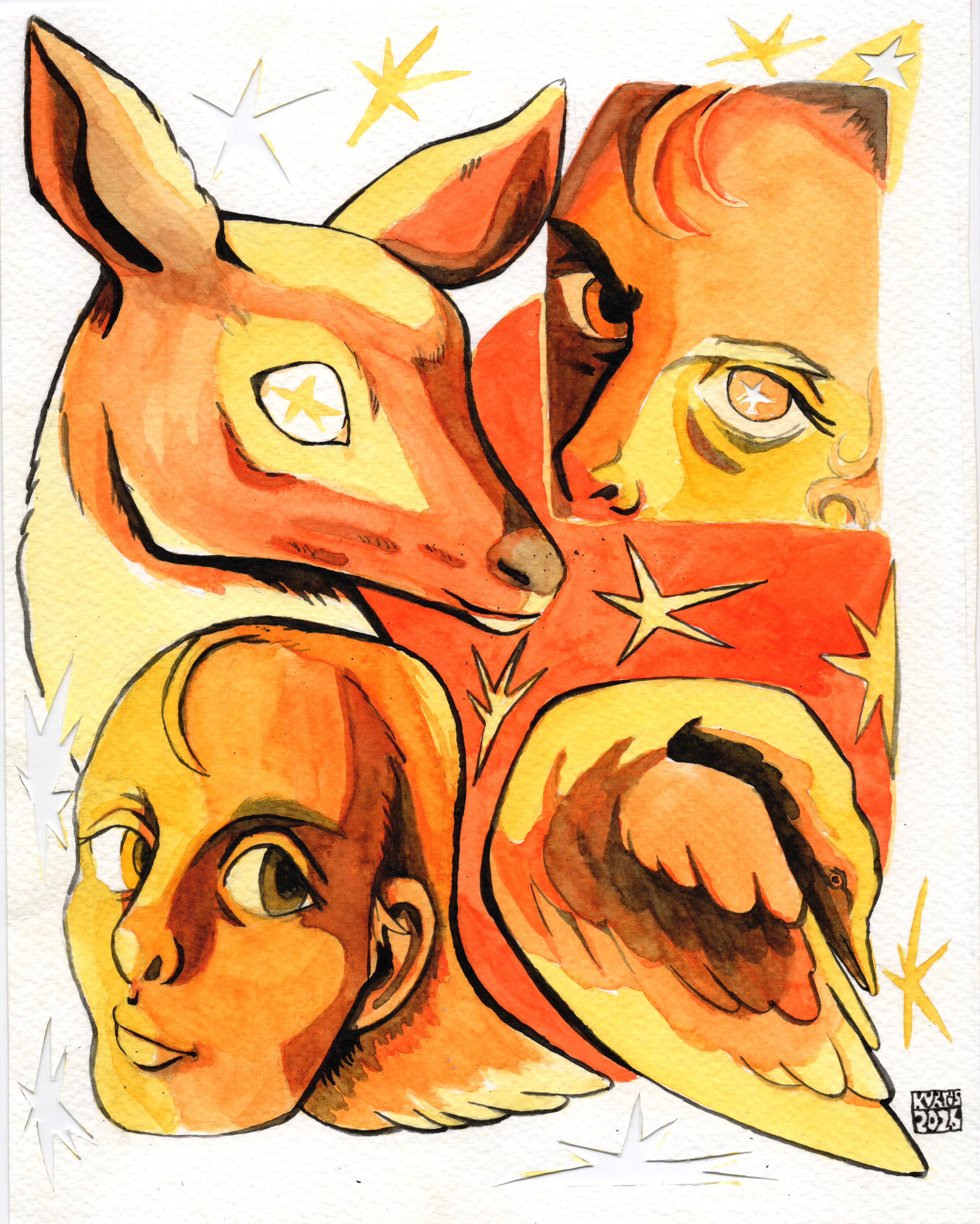 Warm toned watercolour and papercut piece on textured paper. portraiture, bird and deer.