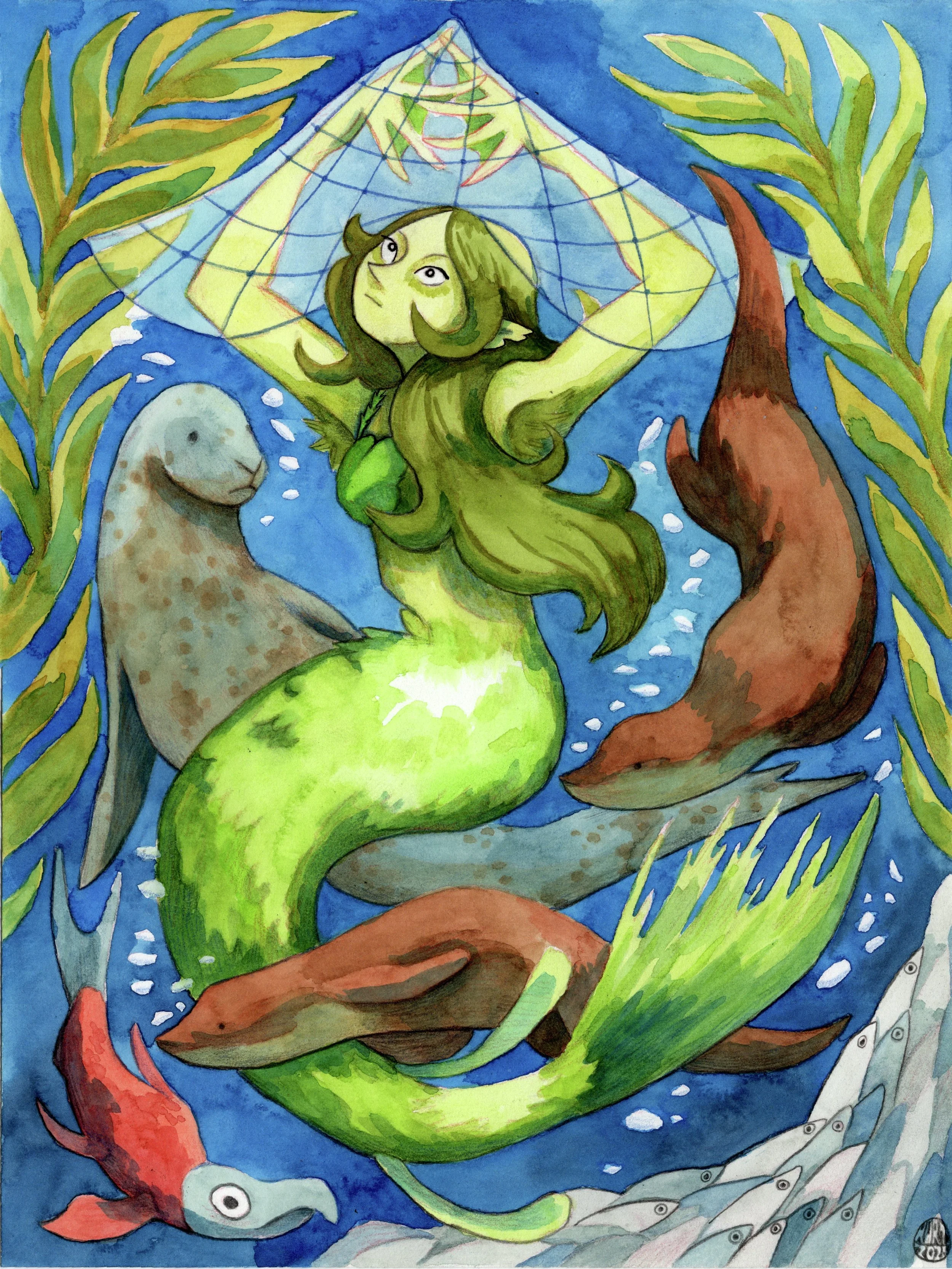 a mermaid holding up a net while sea critters swim before her.