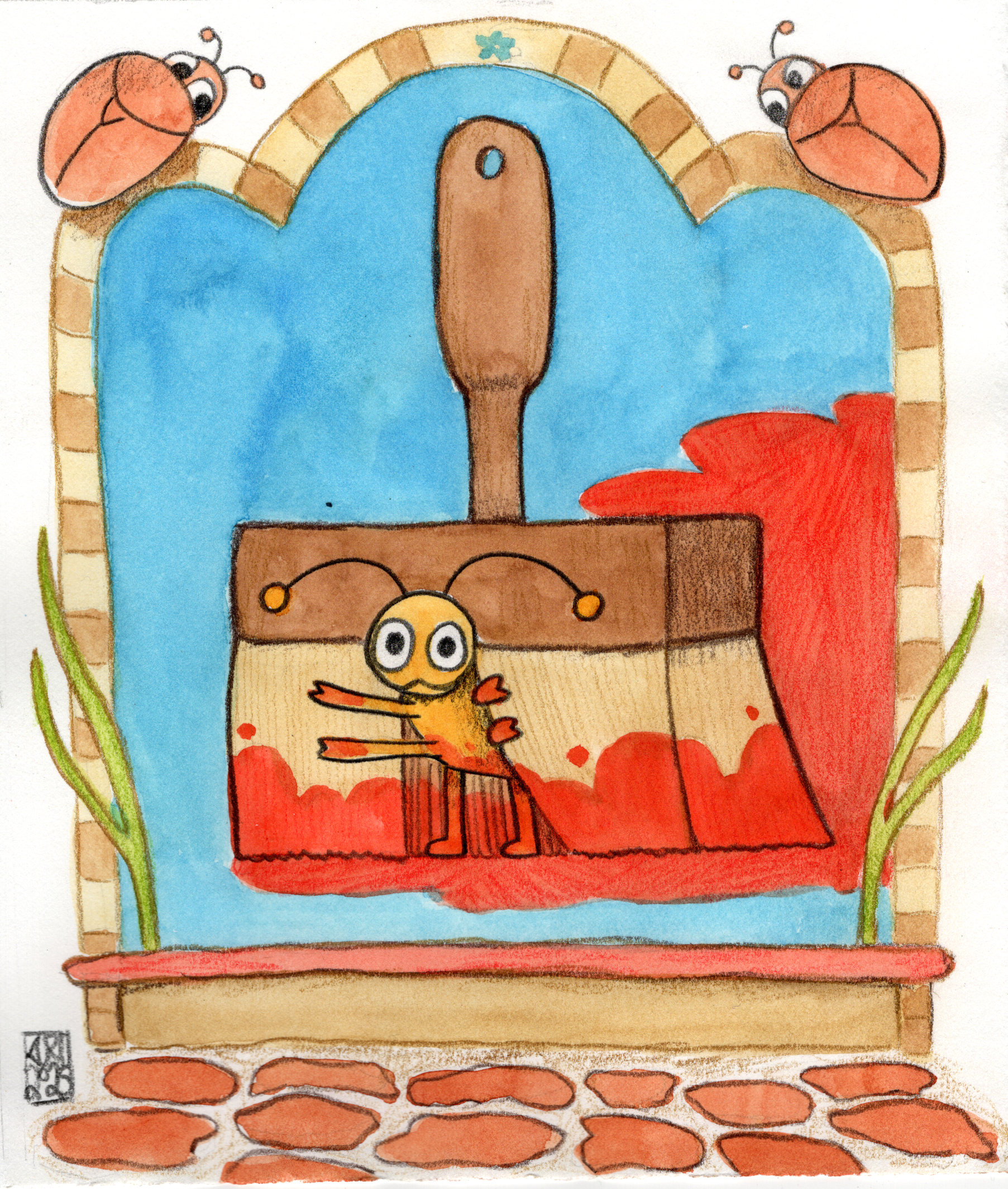 bug in a brush with red paint. a brick like border with two beetles hugging it.