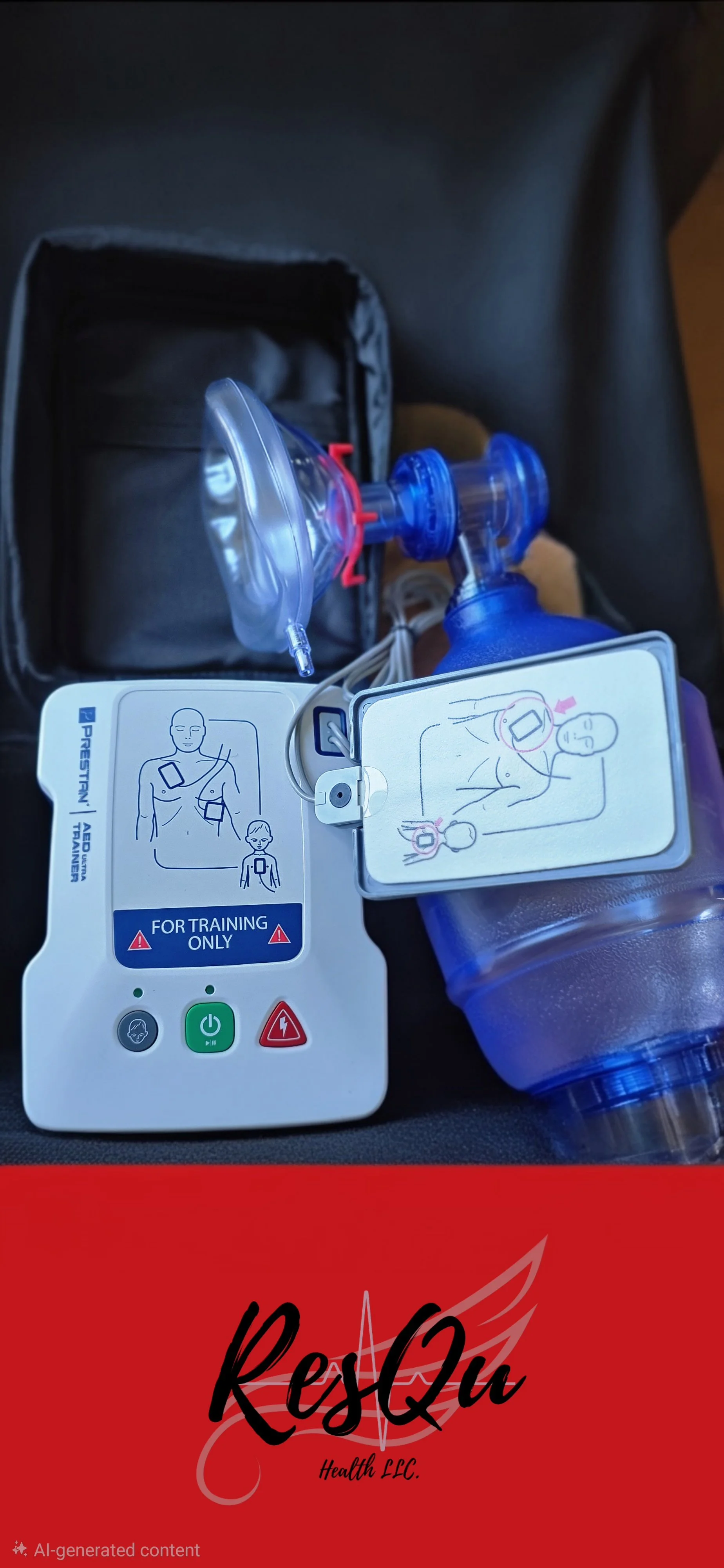 AED trainer laying next to a valve mask bag. Normally used in a BLS class