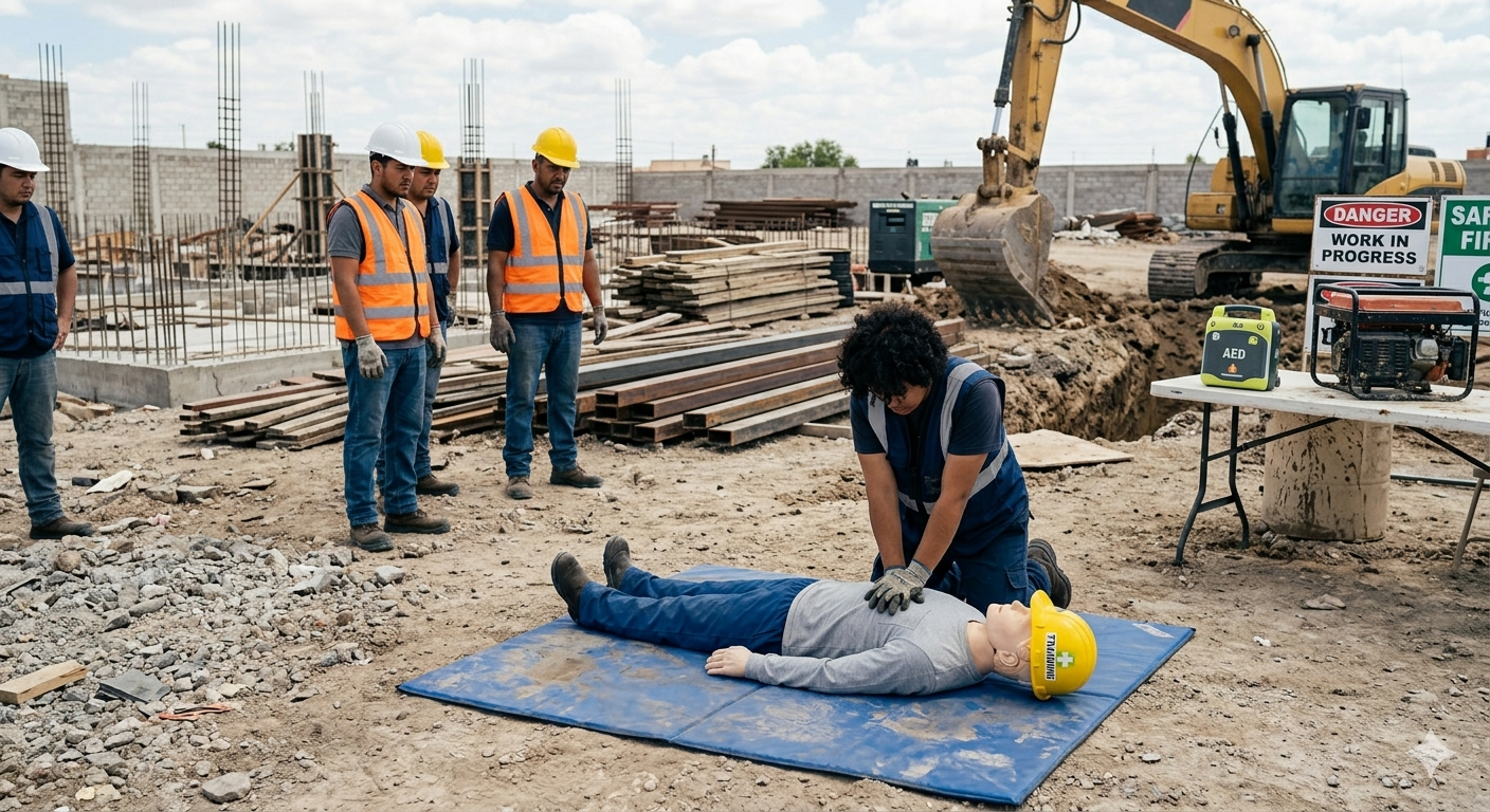 Construction worker delivering rescue compressions to a dummy on a blue mat who is wearing a hard hat. Cunstruction equipment litters the background. Four other workers stand around waiting their turn and learning. Danger in the work place!