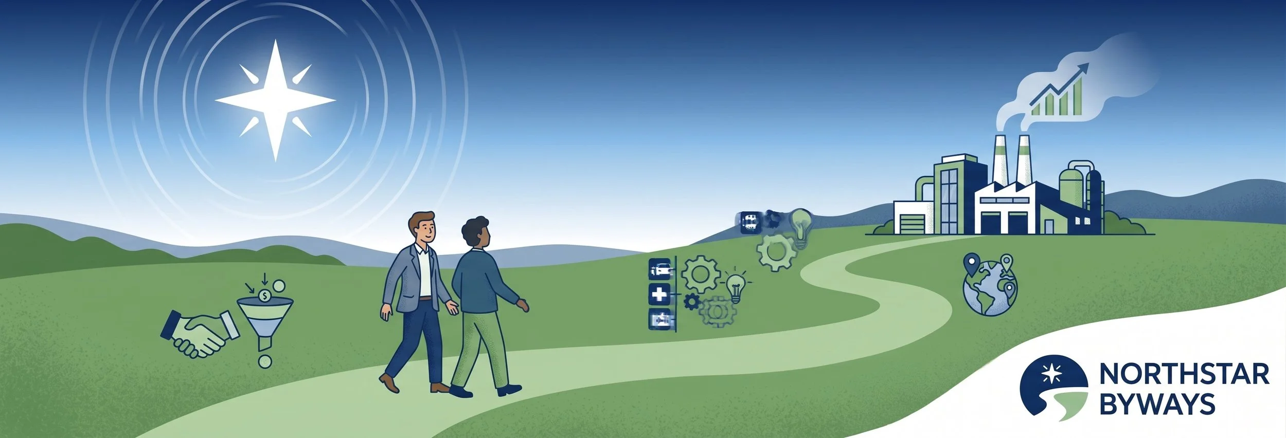 Illustration of two businessmen walking toward a renewable energy plant with smoke stacks emitting pollution. The background shows a clear sky with a star and concentric circles. There are icons representing handshake, funding, healthcare, and gear mechanisms. The image includes a globe with location markers and the Northstar Byways logo in the bottom right corner.
