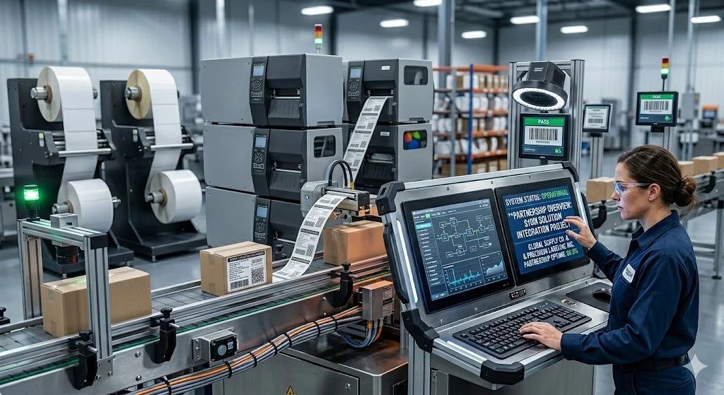 Female Production Employee Operating a Label System on shoplfoor