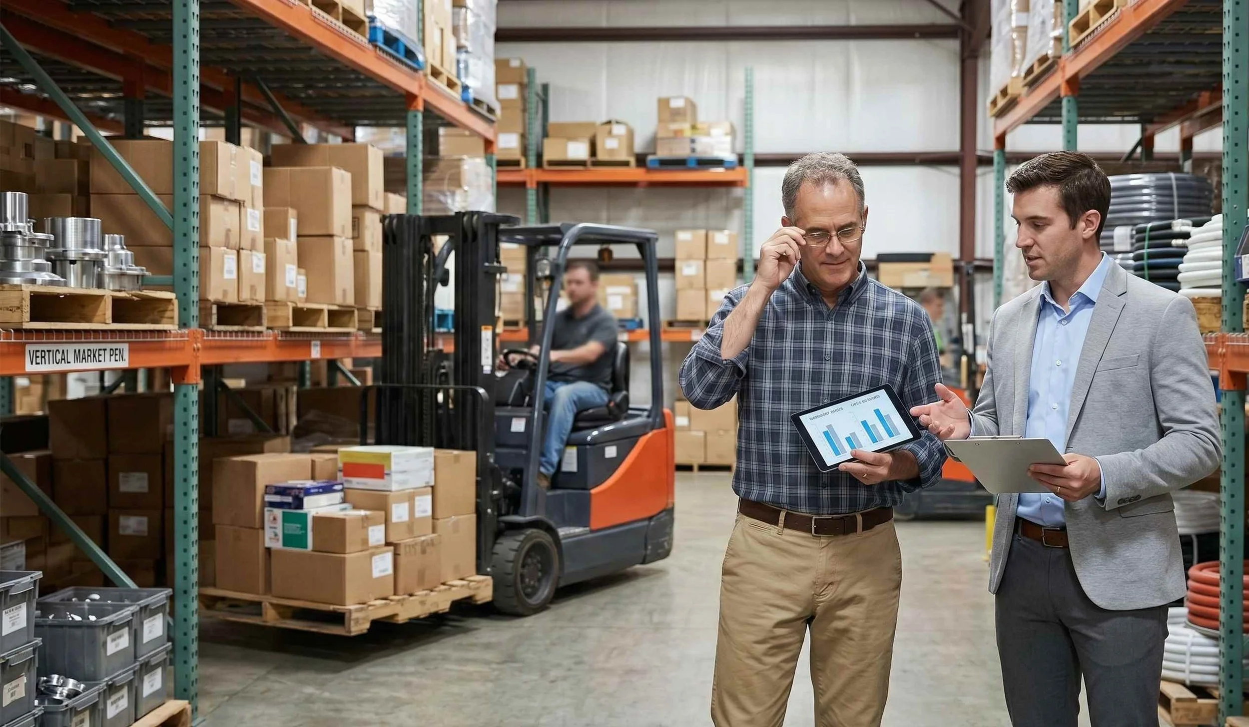 Salesperson on the floor of an industrial distributor warehouse with stocking racks and forklift