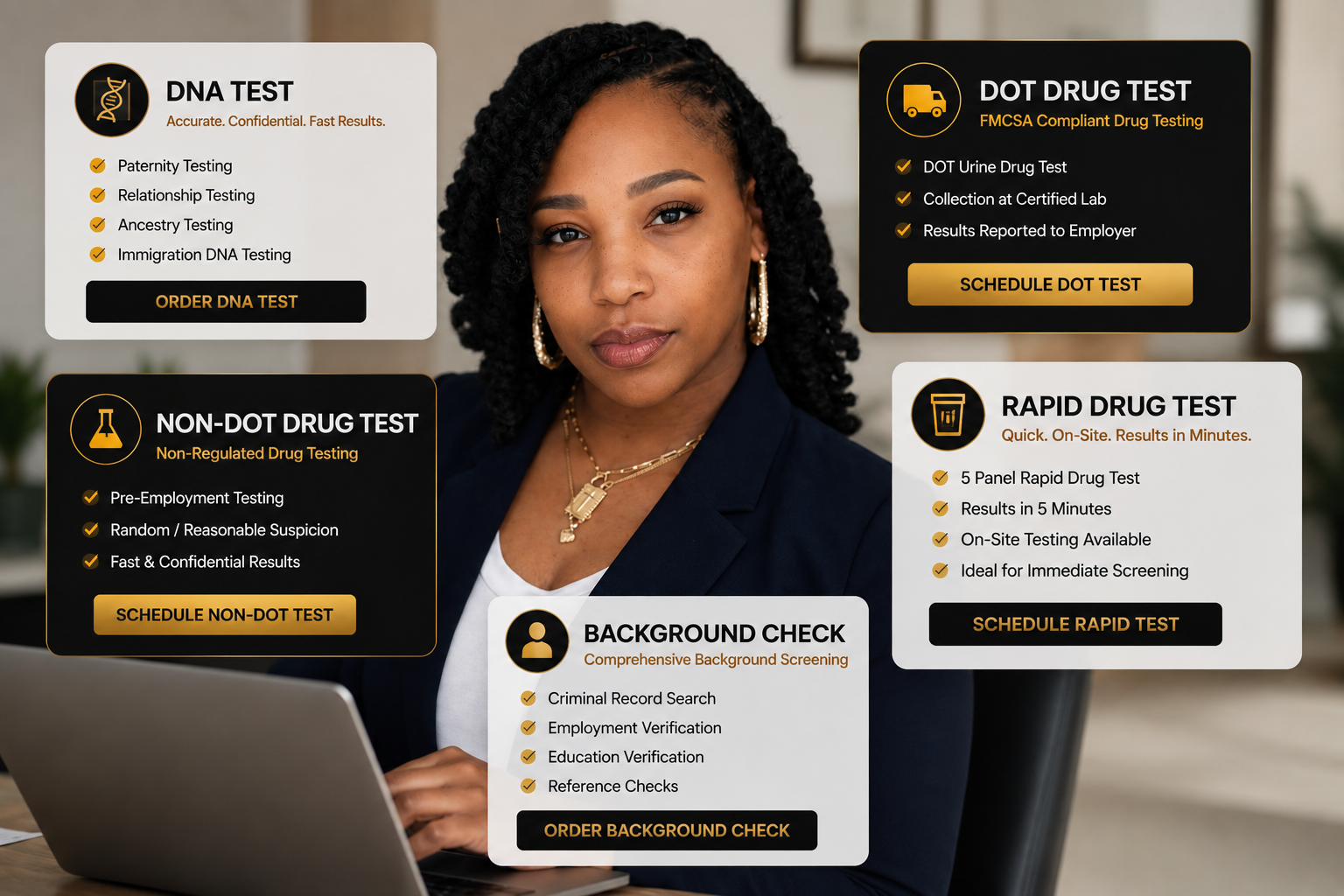 A woman with dark, curly hair wearing earrings and a necklace sitting in front of a laptop. Surrounding her are various health and background check service advertisements, including DNA tests, drug tests, background checks, and rapid drug tests, each with descriptions and call-to-action buttons.