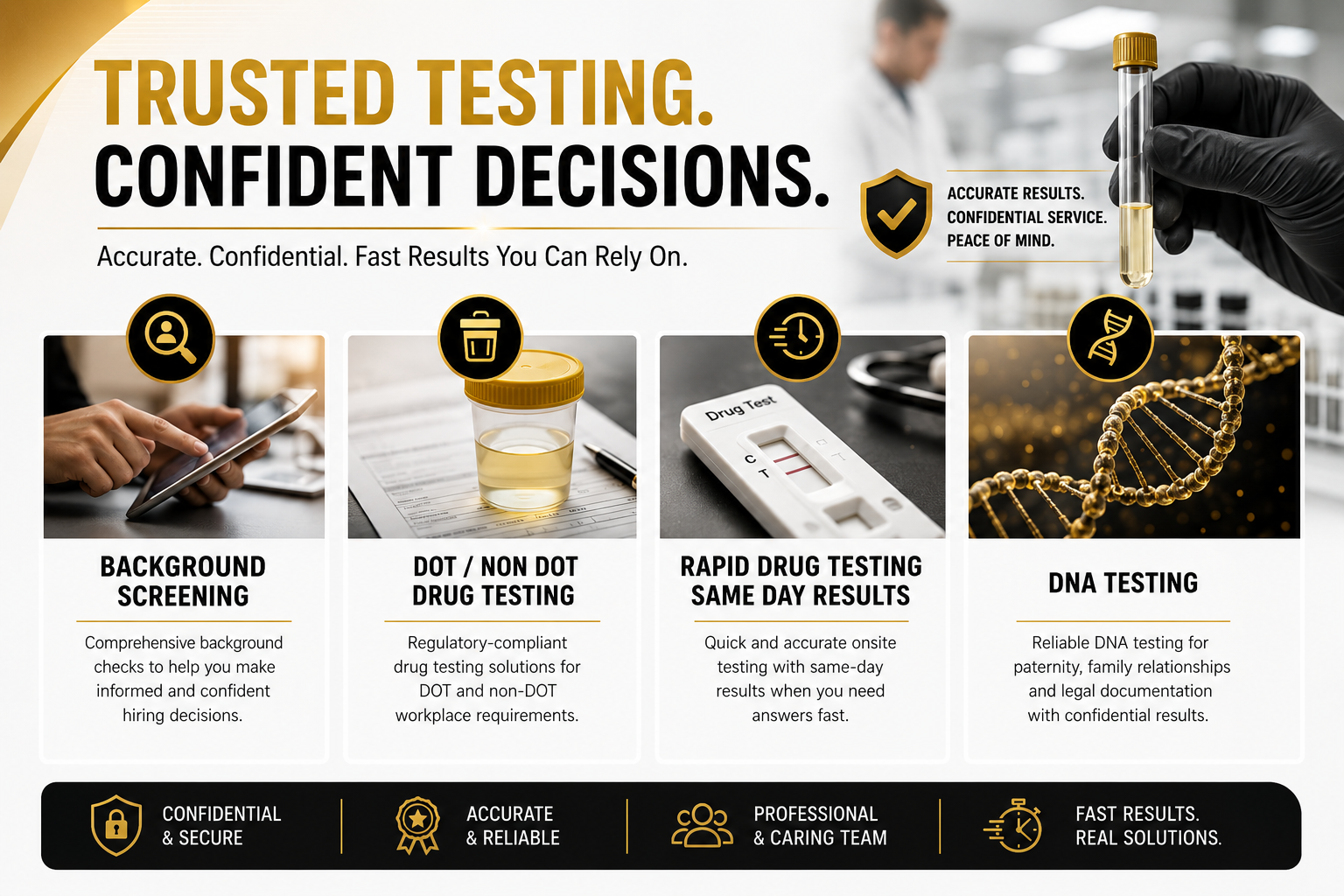 An infographic highlighting the benefits of a laboratory testing service, featuring images of a person using a smartphone, a sample collection container, a drug test device, and DNA double helix, with text emphasizing trust, confidentiality, and rapid results.