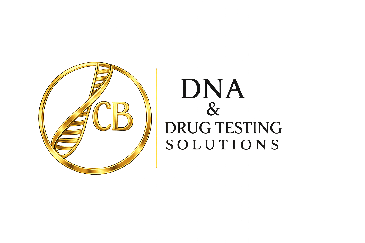 Packaging of a DNA and drug testing solutions product with a gold and black logo featuring a stylized DNA strand and the letters 'CB' and the text 'DNA & Drug Testing Solutions'.