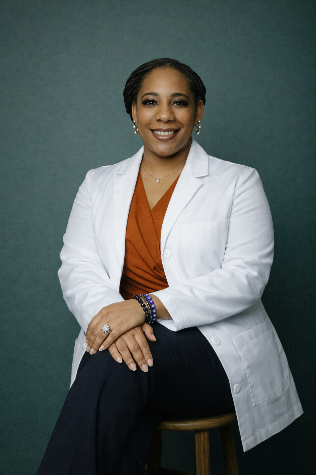 An African American woman with braids wearing a white blazer over an orange blouse, sitting on a stool against a dark green background, smiling with arms crossed.