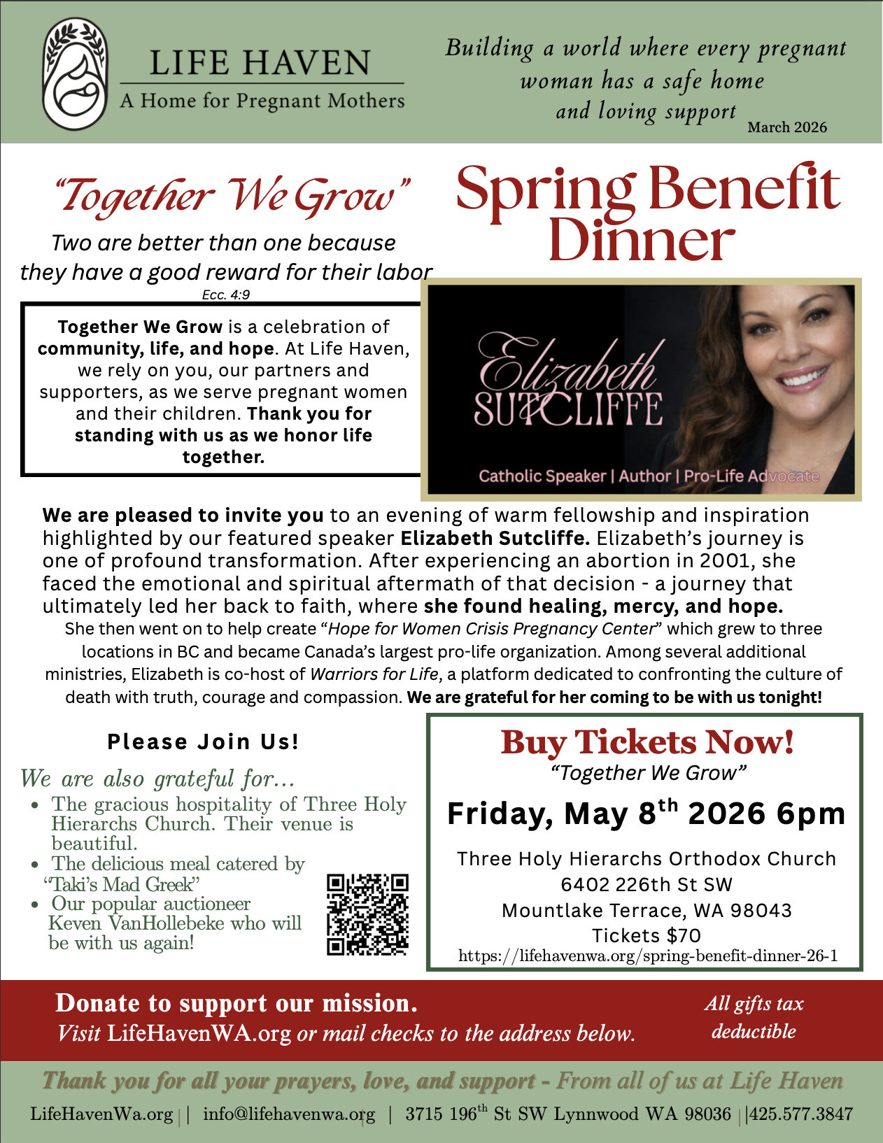 Life Haven Spring Benefit Dinner – Featuring Keynote Speaker Elizabeth Sutcliffe
