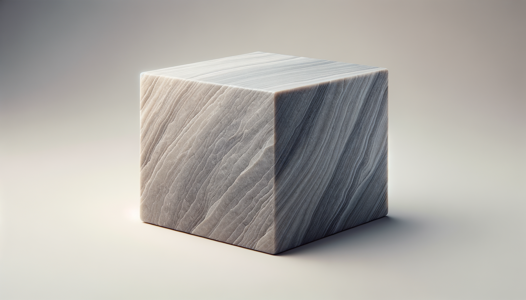 3D-rendered cube made of white marble with gray and black streaks, on a light gradient background.