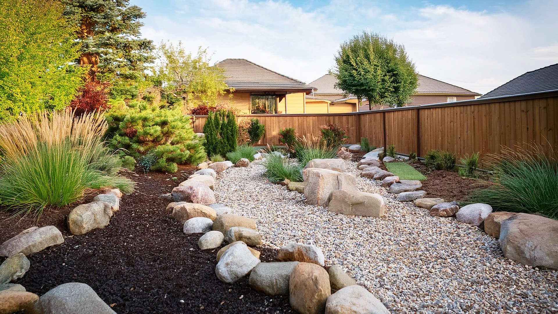 A landscaped backyard garden with a gravel pathway bordered by rocks, various plants, and trees, enclosed by a wooden fence.