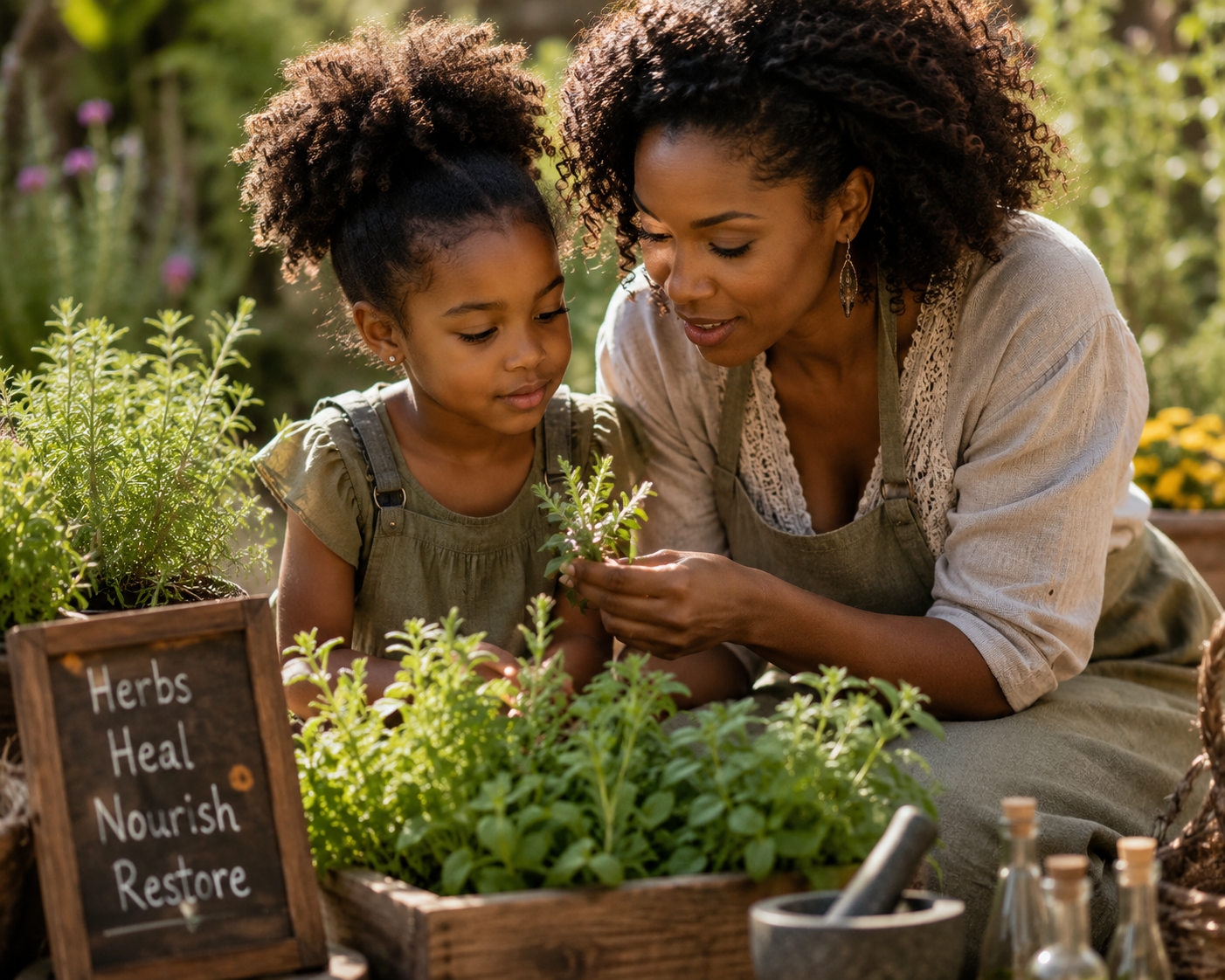 A woman and a young girl are gardening together outdoors, inspecting a small plant in a wooden garden box filled with herbs. There is a small sign on the garden box that reads 'Herbs: Heal, Nourish, Restore.' The scene is sunlit and surrounded by greenery.