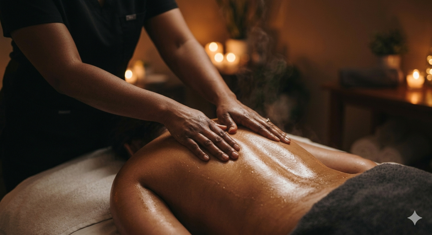 A person receiving a massage on their back in a dimly lit room with candles.