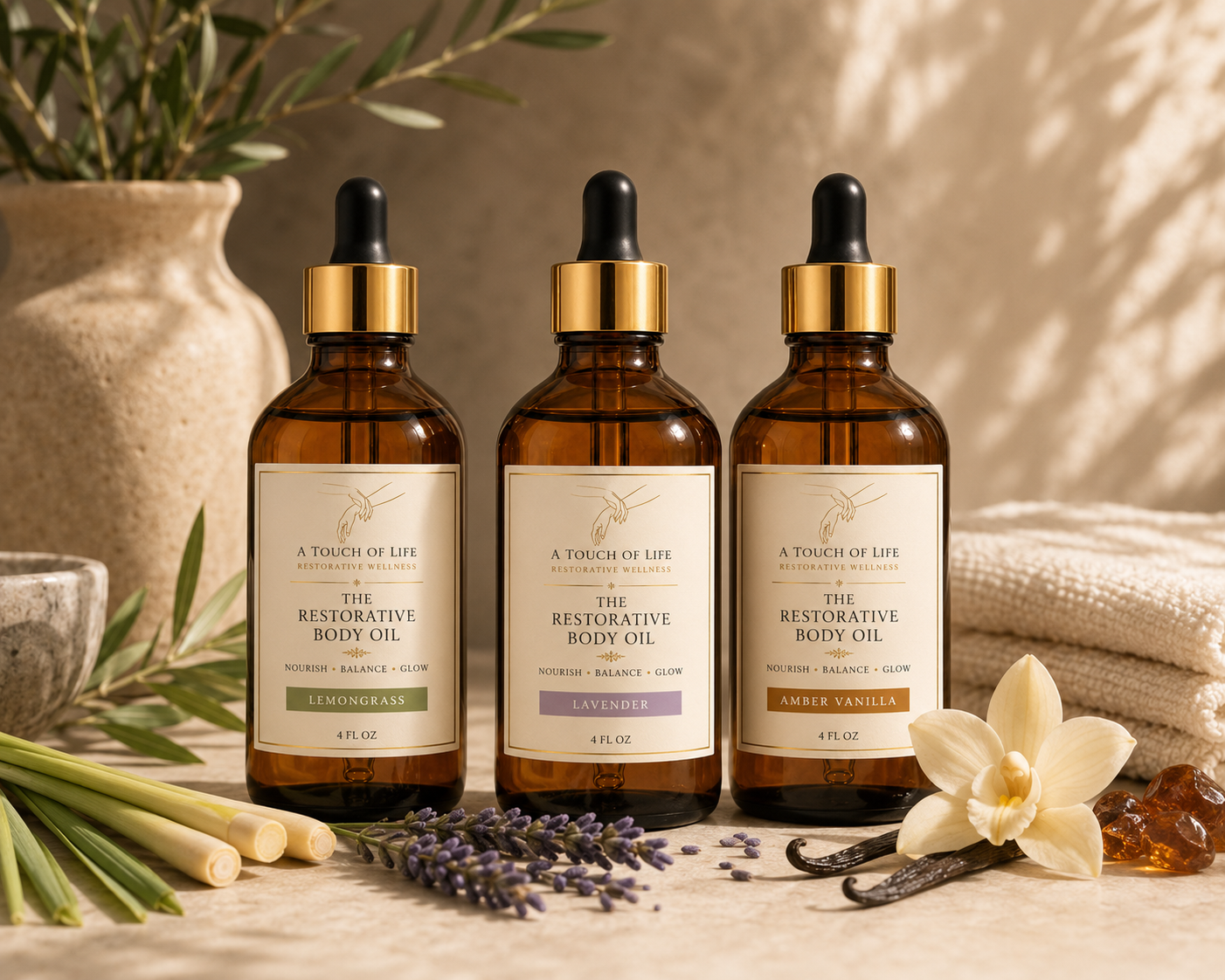 Three amber glass bottles of restorative body oil with black dropper caps, labeled Lemongrass, Lavender, and Amber Vanilla, surrounded by flowers, greenery, towel, rock soap, and amber crystals on a neutral background.