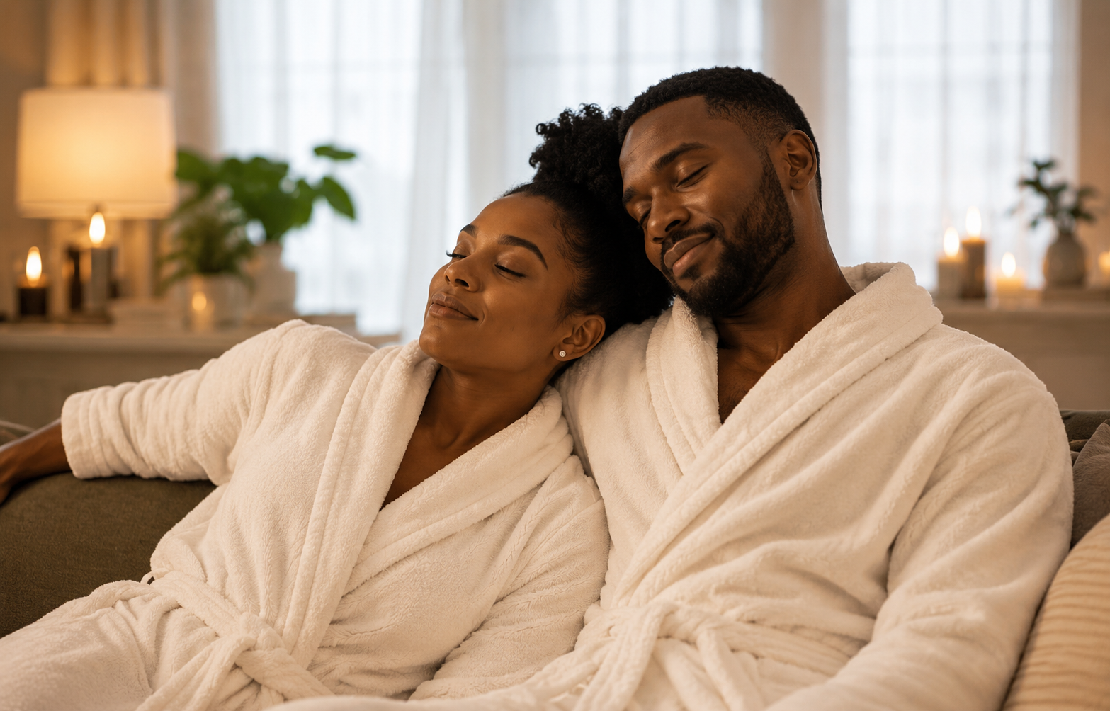 A couple wearing white bathrobes sitting close together on a couch with eyes closed, smiling. In the background, candles and a lamp on a side table in a cozy living room.
