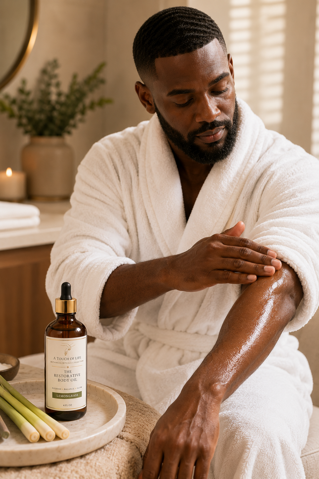 A man in a white bathrobe applying body oil to his arm in a spa or bathroom setting.