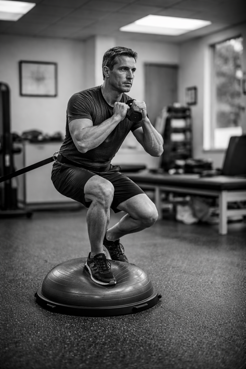 A middle-aged runner improving strength and balance while training on a BOSU ball in a gym in Avon, CO.