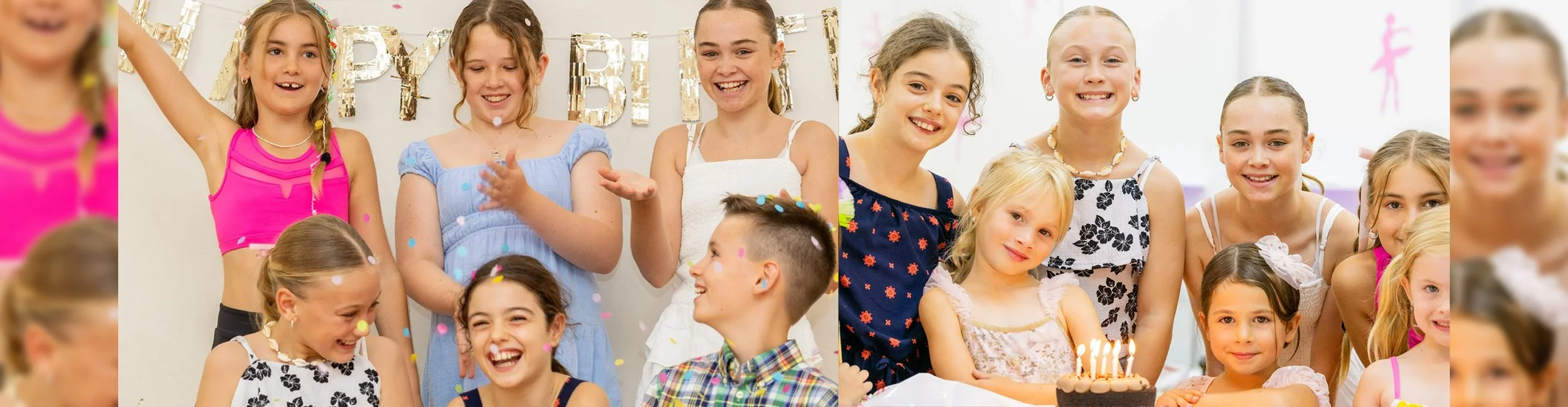 A group of children celebrating a birthday party, with some blowing out candles on a cake, and colorful confetti in the air.