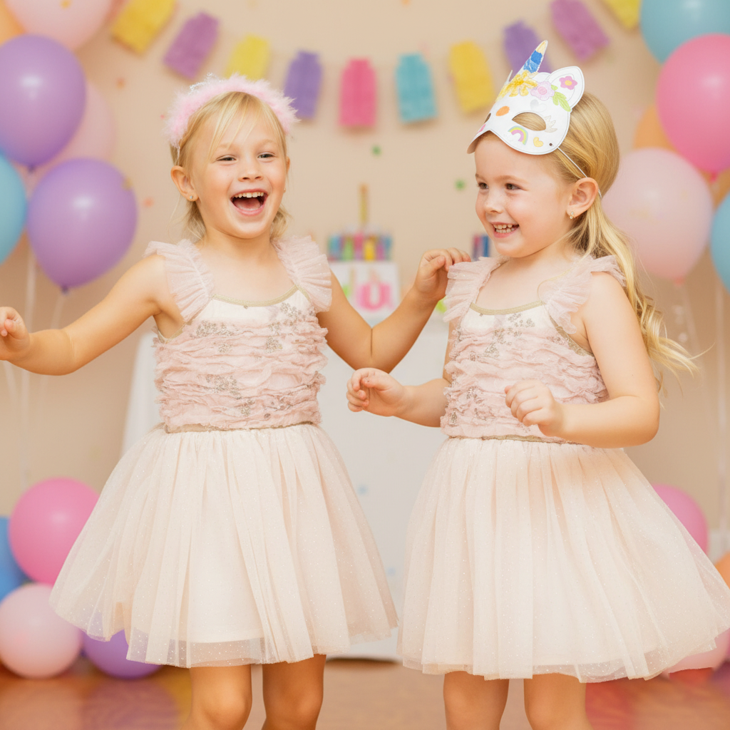 Two young girls in light pink dresses and princess crowns celebrating at a party, with colorful balloons and decorations in the background.