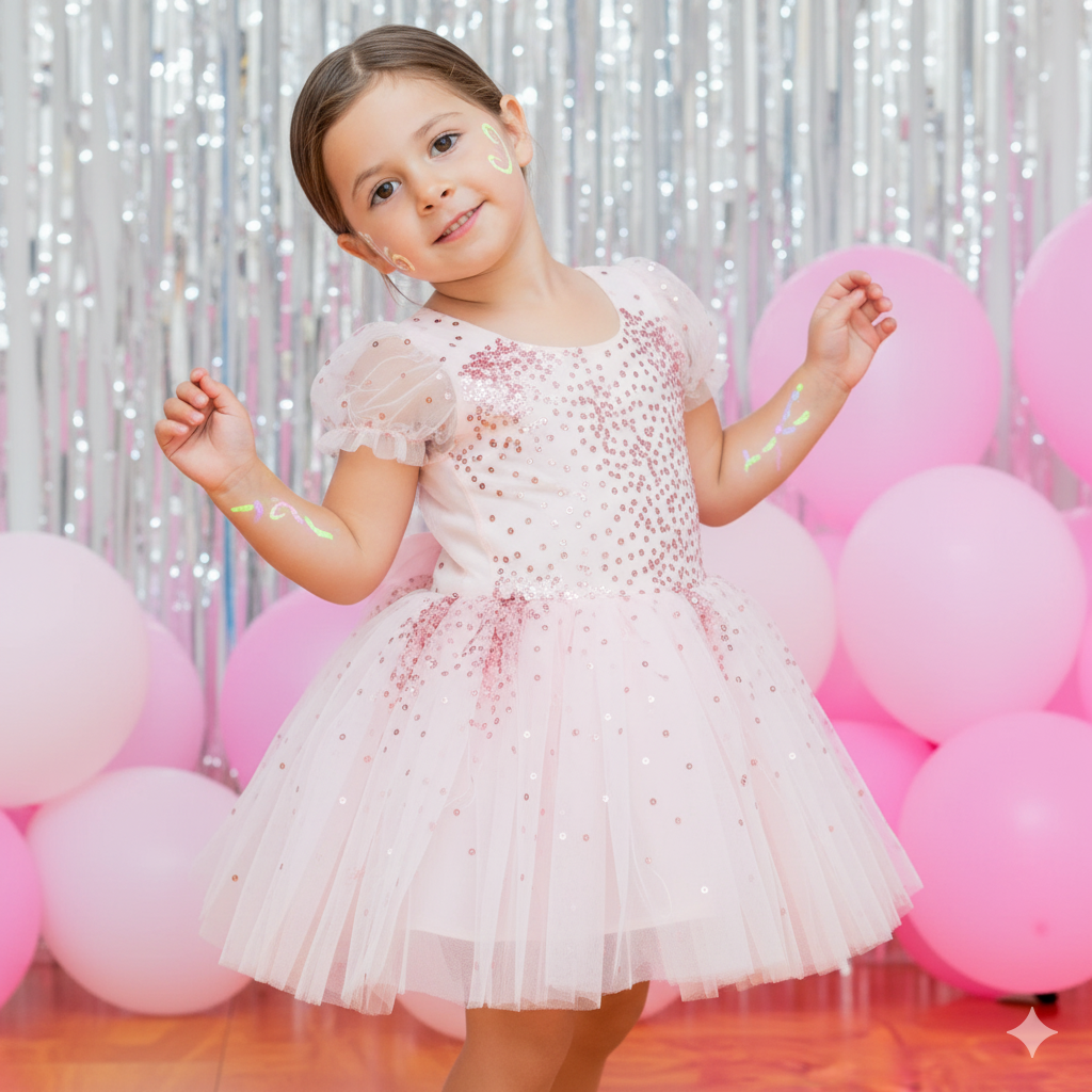 A young girl in a pink dress dancing at a celebration with pink balloons and silver tinsel backdrop.