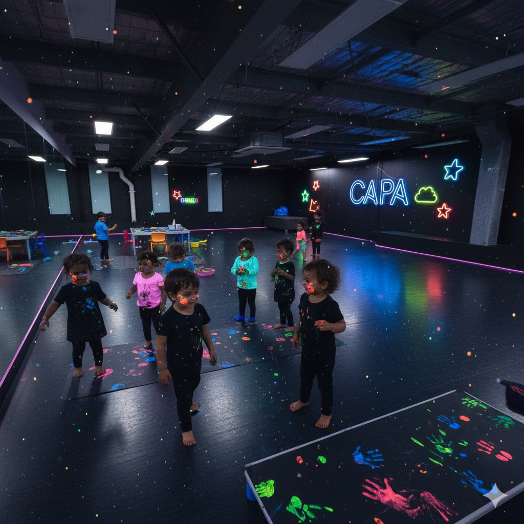 Children playing in a neon-lit blacklight room with paint splatters, neon-colored handprints, and a sign that says 'CAPA' on the wall.